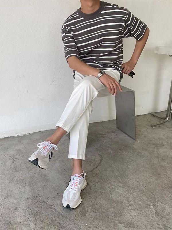 Short-Sleeve Crew Neck Striped Knit Top Product Image