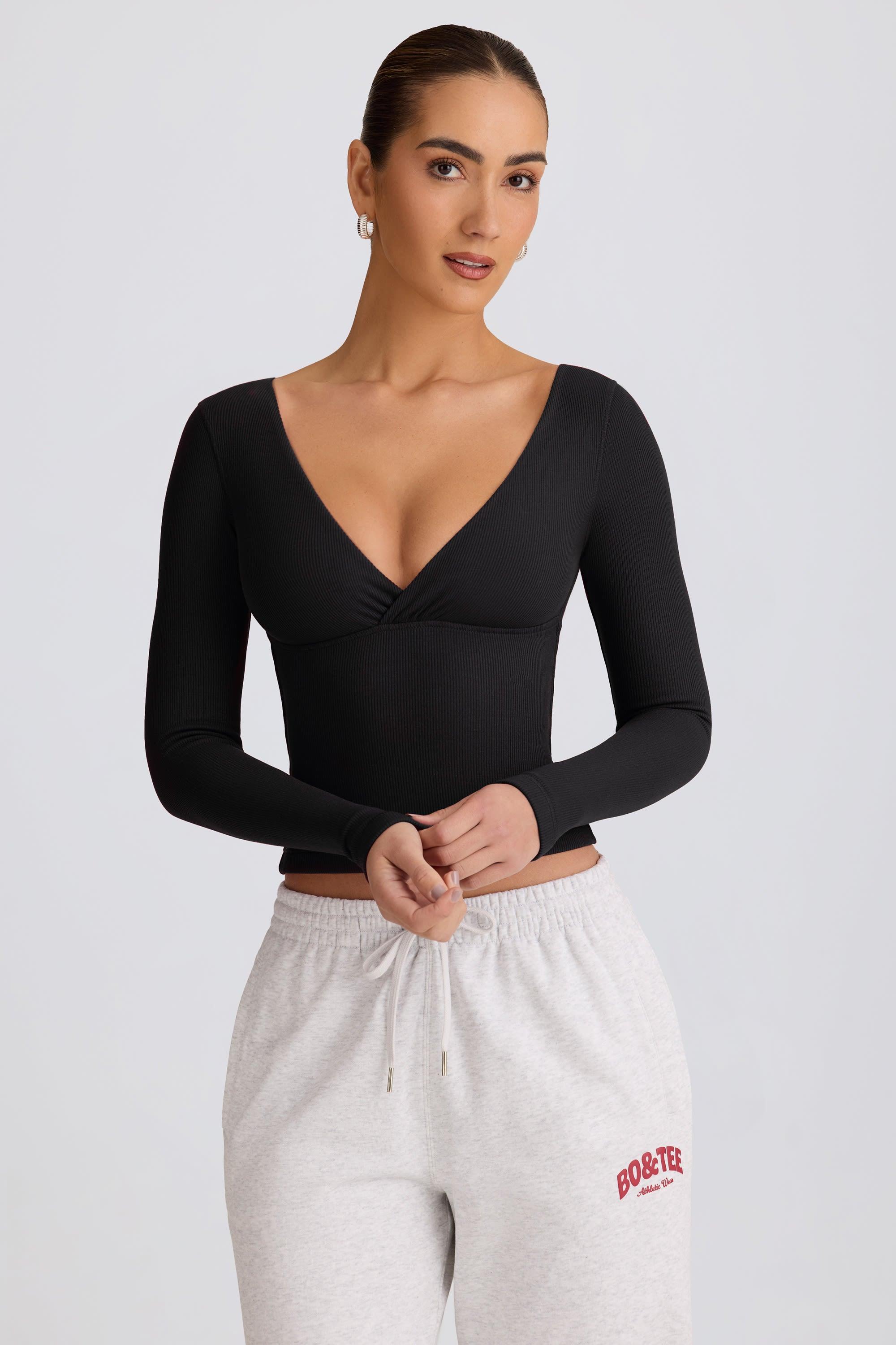 Ribbed Modal Ruched V-Neck Top in Black Product Image