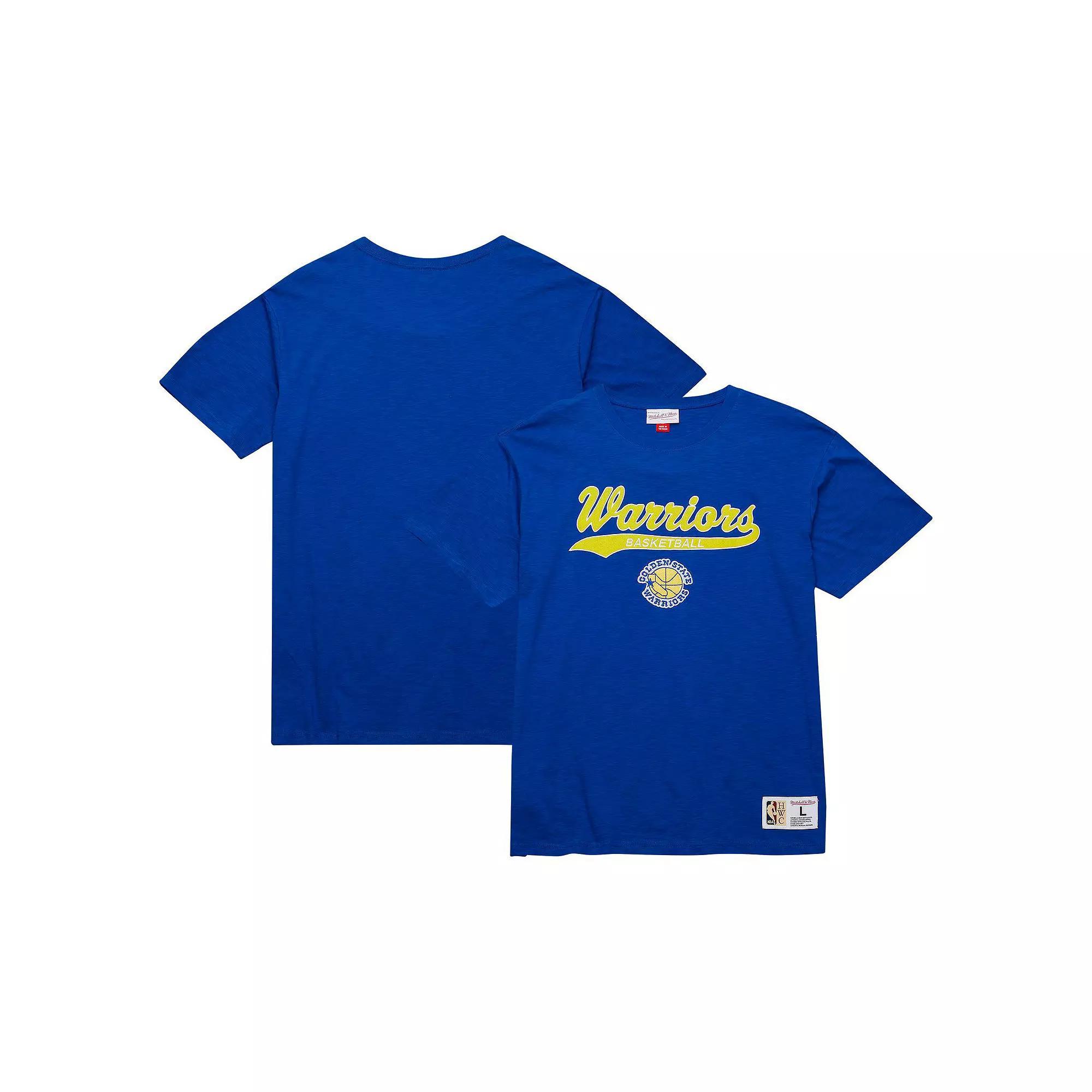 Men's Mitchell & Ness Royal Golden State Warriors Hardwood Classics Felt Applique Slub T-Shirt, Size: Medium, Blue Product Image