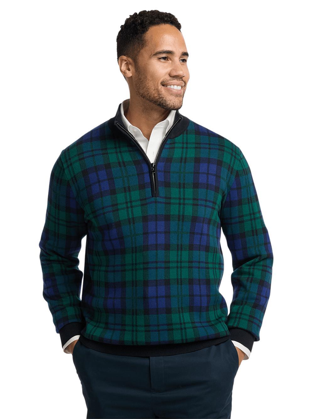 Cotton Quarter Zip Mock Neck Sweater - Green Product Image