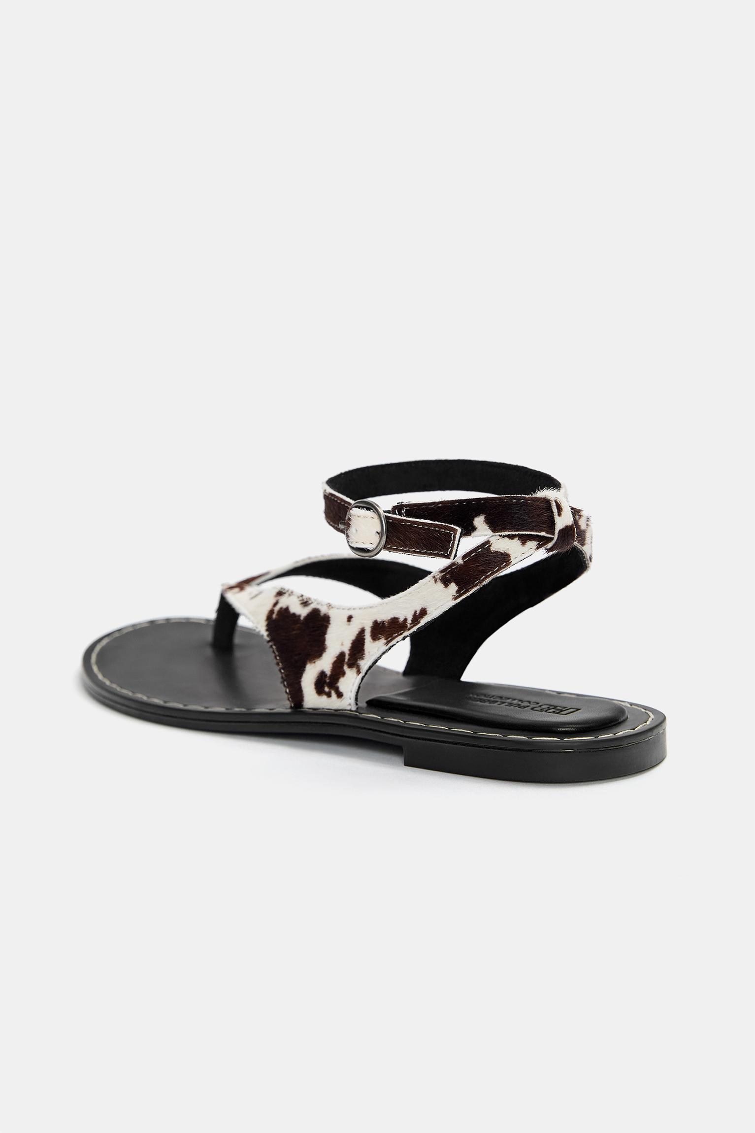 Leather cow print flat sandals Product Image
