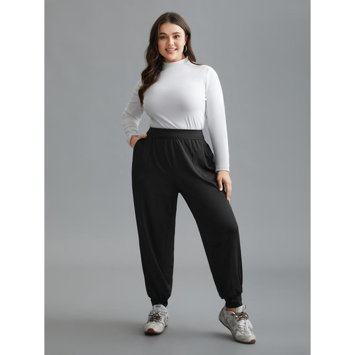 Plus Size Elastic Waist Mid-Rise Yoga Jogger Pants Women Black Casual Mid Rise Everyday Pants BloomChic 12/L Product Image