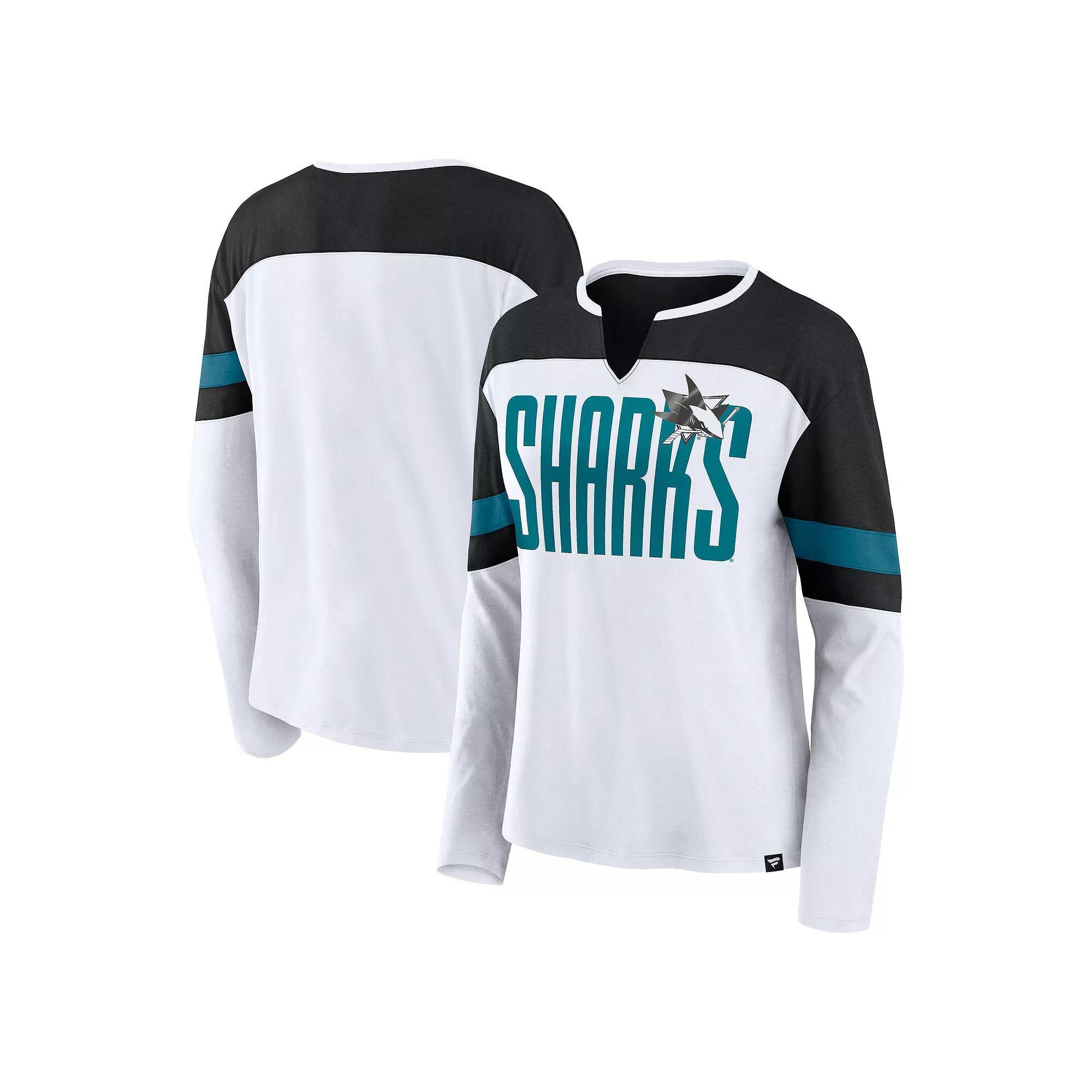 Women's Fanatics White/Black San Jose Sharks Frozen Long Sleeve Notch Neck T-Shirt,  Product Image