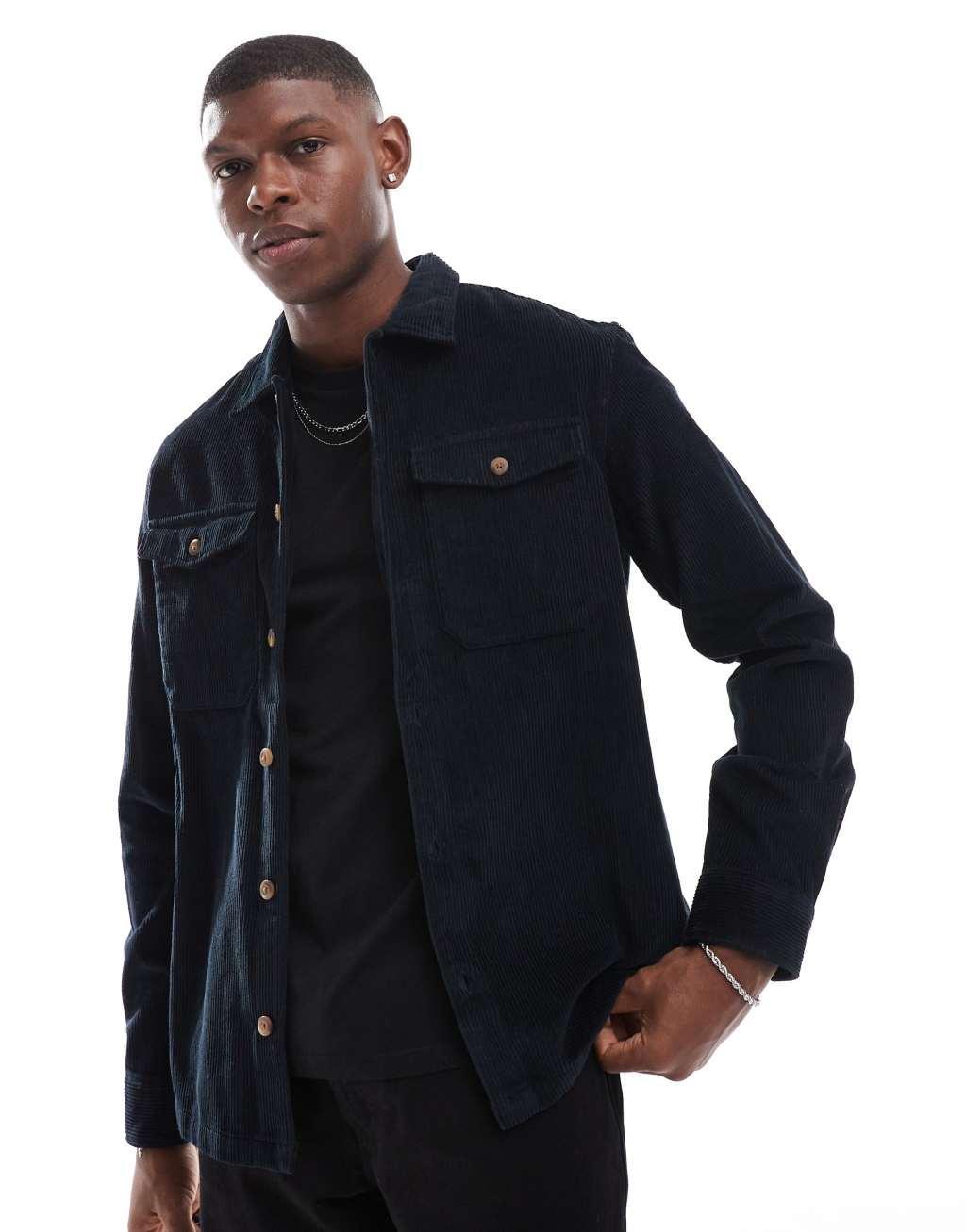 Jack & Jones oversized cord overshirt in black Product Image