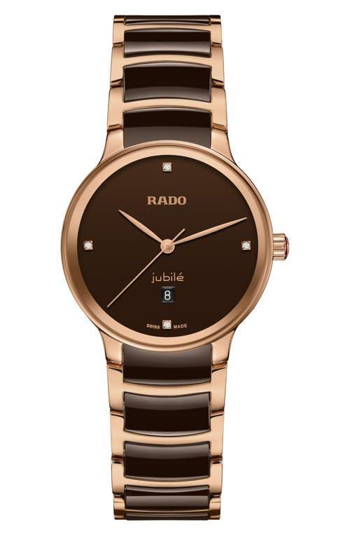 Rado Womens Swiss Centrix Diamond Accent Brown Ceramic & Rose Gold Pvd Bracelet Watch 31mm Product Image