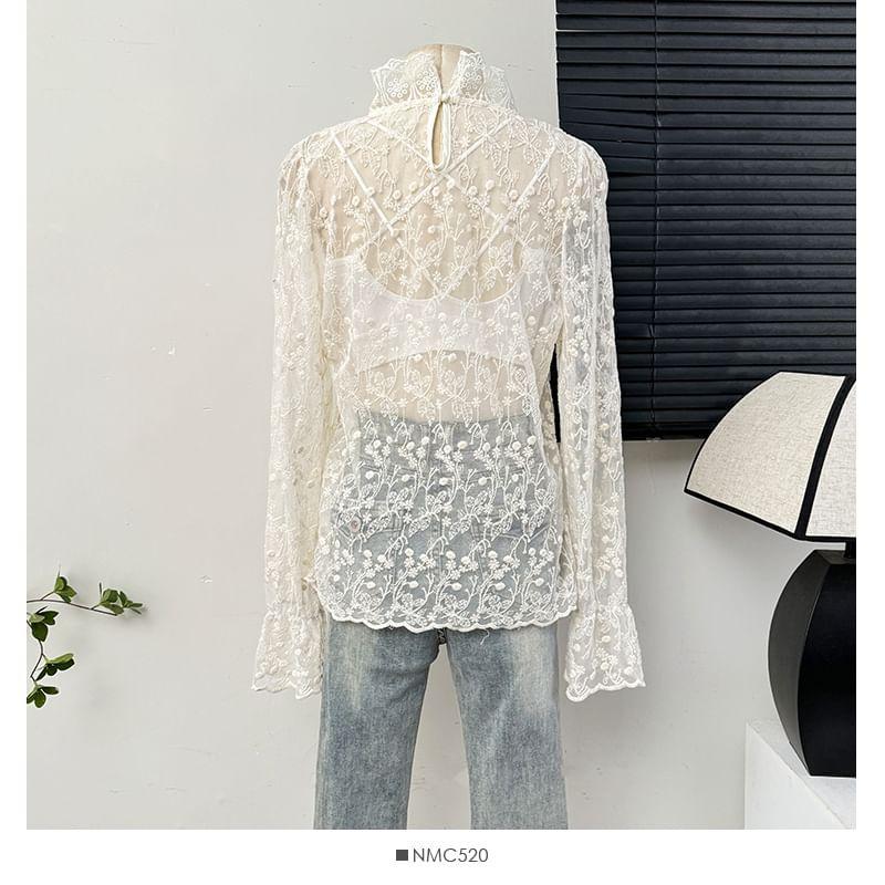 Stand-Collar Embroidery Sheer Lace Top Product Image