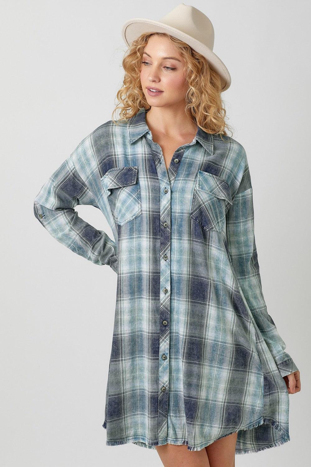 Washed Plaid Shirt Dress Product Image