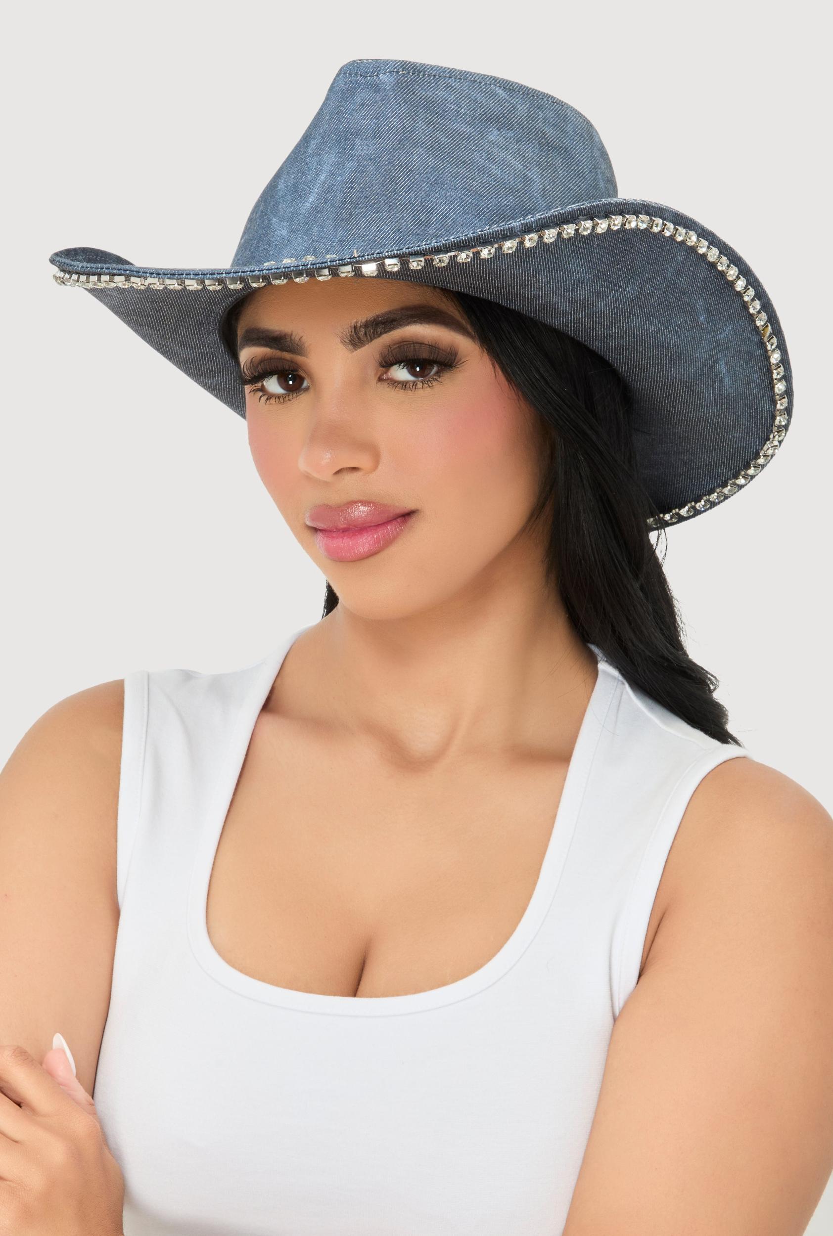 Rhinestone Trim Denim Print Cowboy Hat Female Product Image