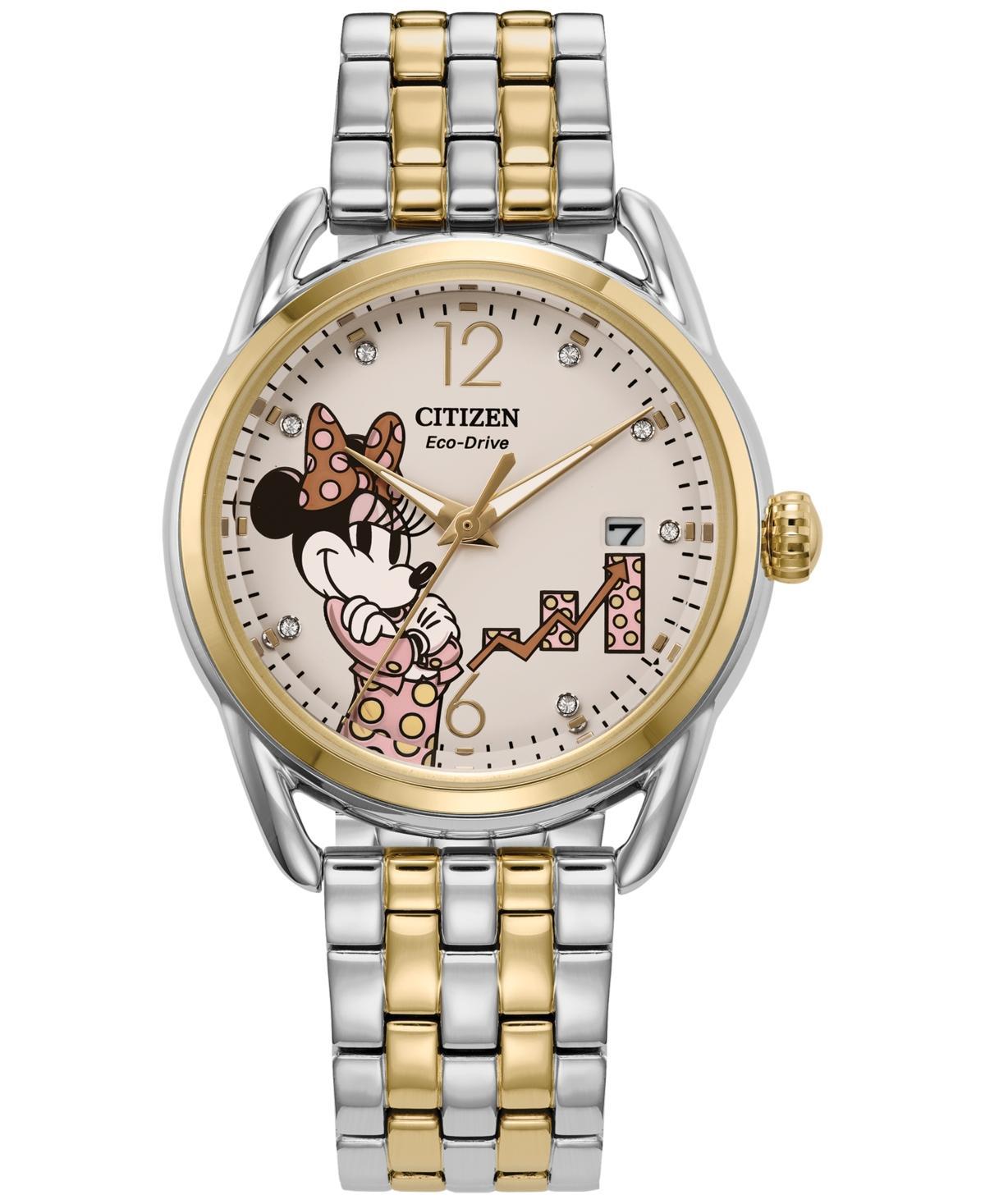 Disneys Empowered Minnie Citizen Womens Eco-Drive Two Tone Stainless Steel Crystal Dial Accent Bracelet Watch - FE6084-70W Gold Silver Product Image