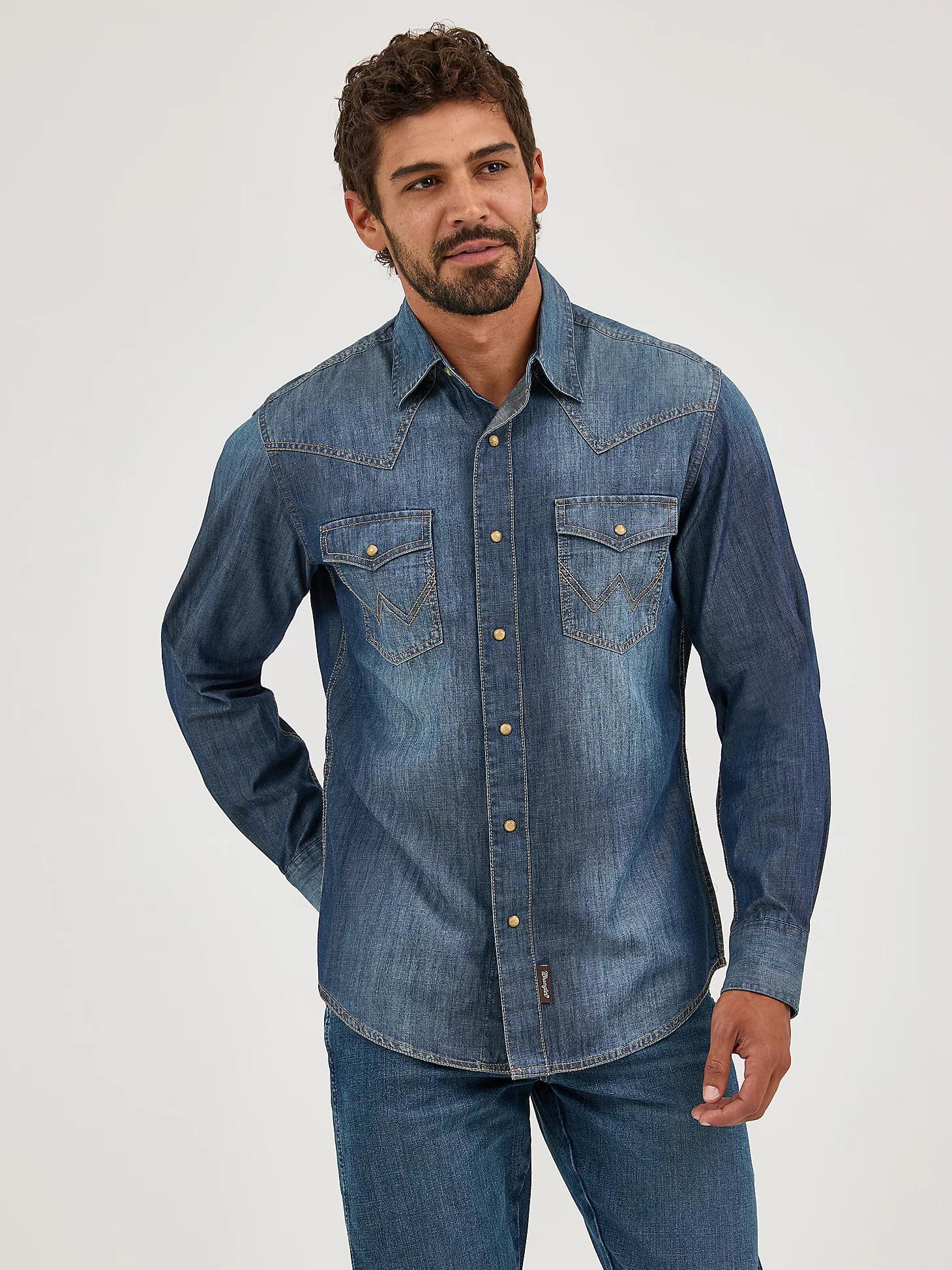 Men's Wrangler Retro® Premium Long Sleeve Denim Western Snap Shirt | Men's SHIRTS | Wrangler® Product Image