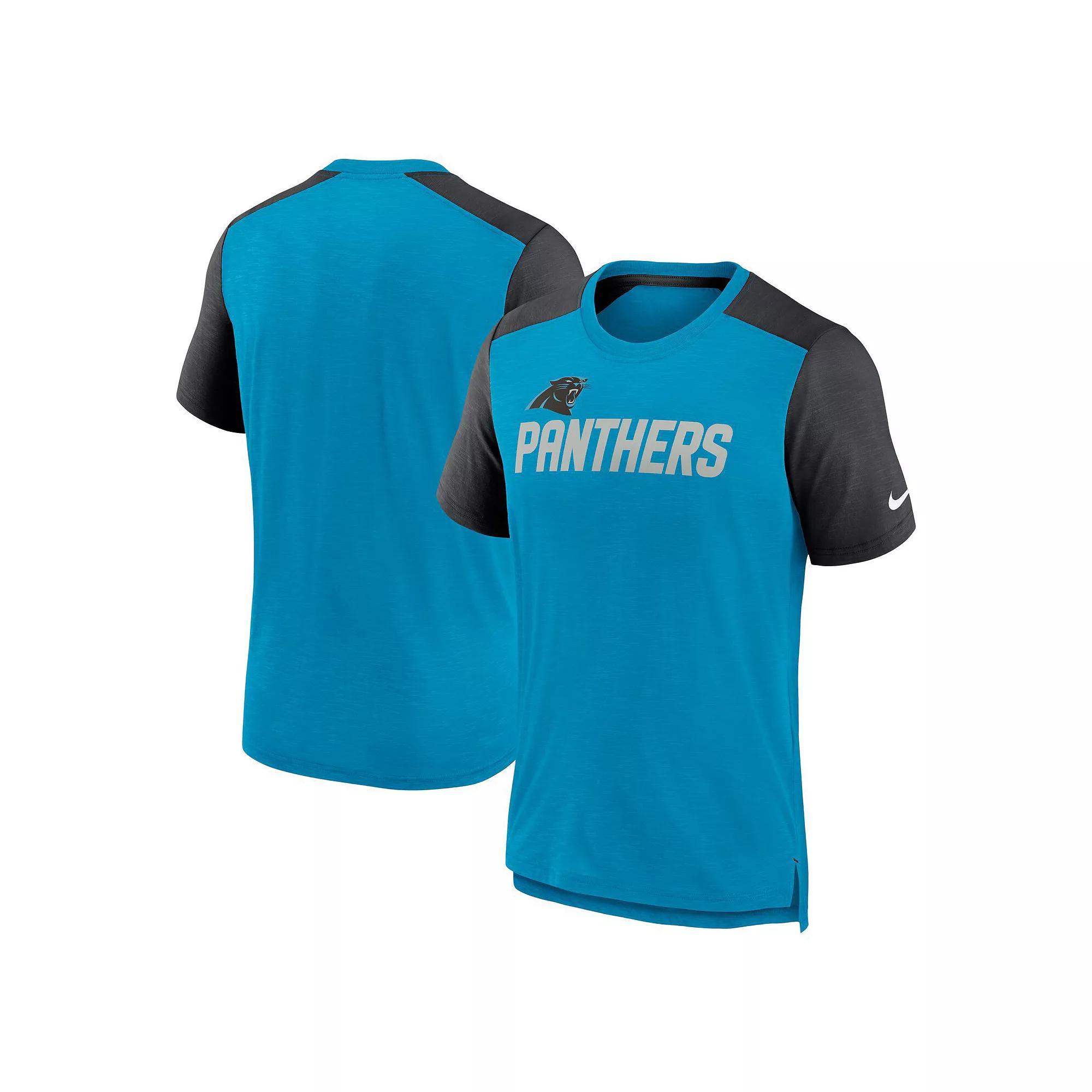 Men's Nike Heathered Blue/Heathered Black Carolina Panthers Color Block Team Name T-Shirt,  Product Image