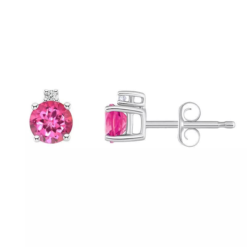 14k White Gold 4 mm Round Birthstone & 1/10 Carat T.W. Diamond Stud Earrings, Women's, Pink Topaz Jun Product Image