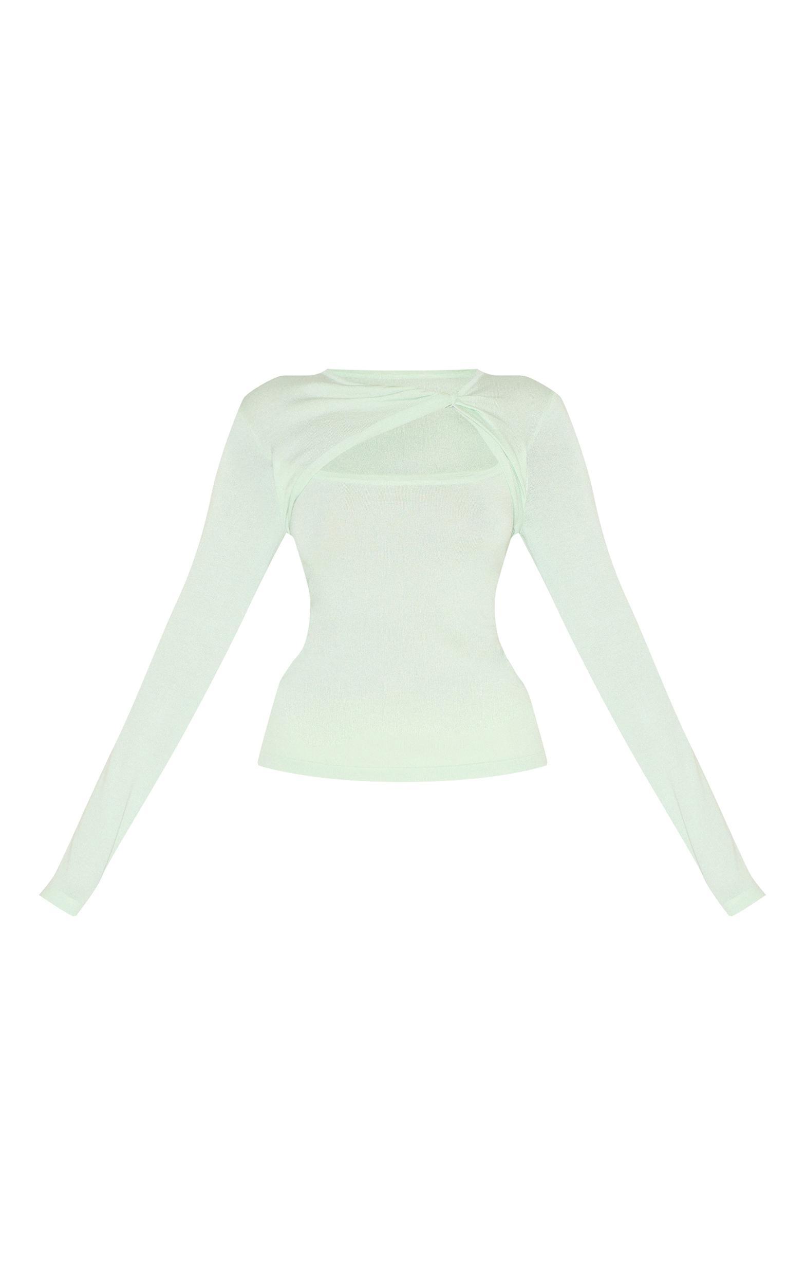 Mint Green Fine Knit Twist Neck Long Sleeve Top Product Image
