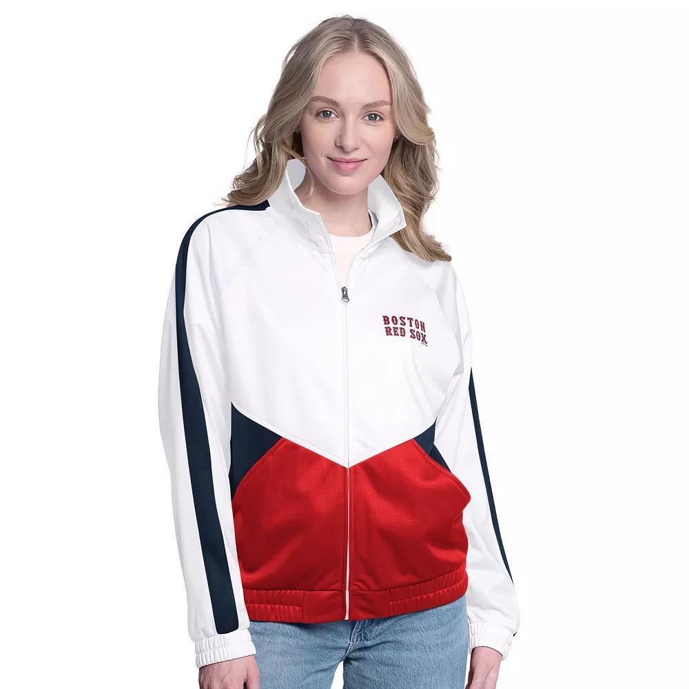 Women's G-III Sports by Carl Banks White/Navy Boston Red Sox Rally Rhinestone Raglan Full-Zip Track Jacket,  Product Image