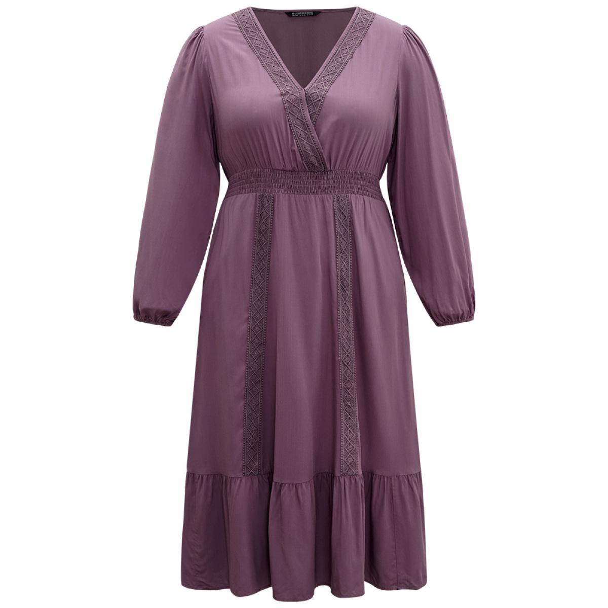 Plus Size Solid Eyelet Lace Shirred Wrap Flutter Hem Dress Mauve Women Elegant Elastic cuffs V-neck Long Sleeve Curvy Midi Dress BloomChic 22-24/3X Product Image