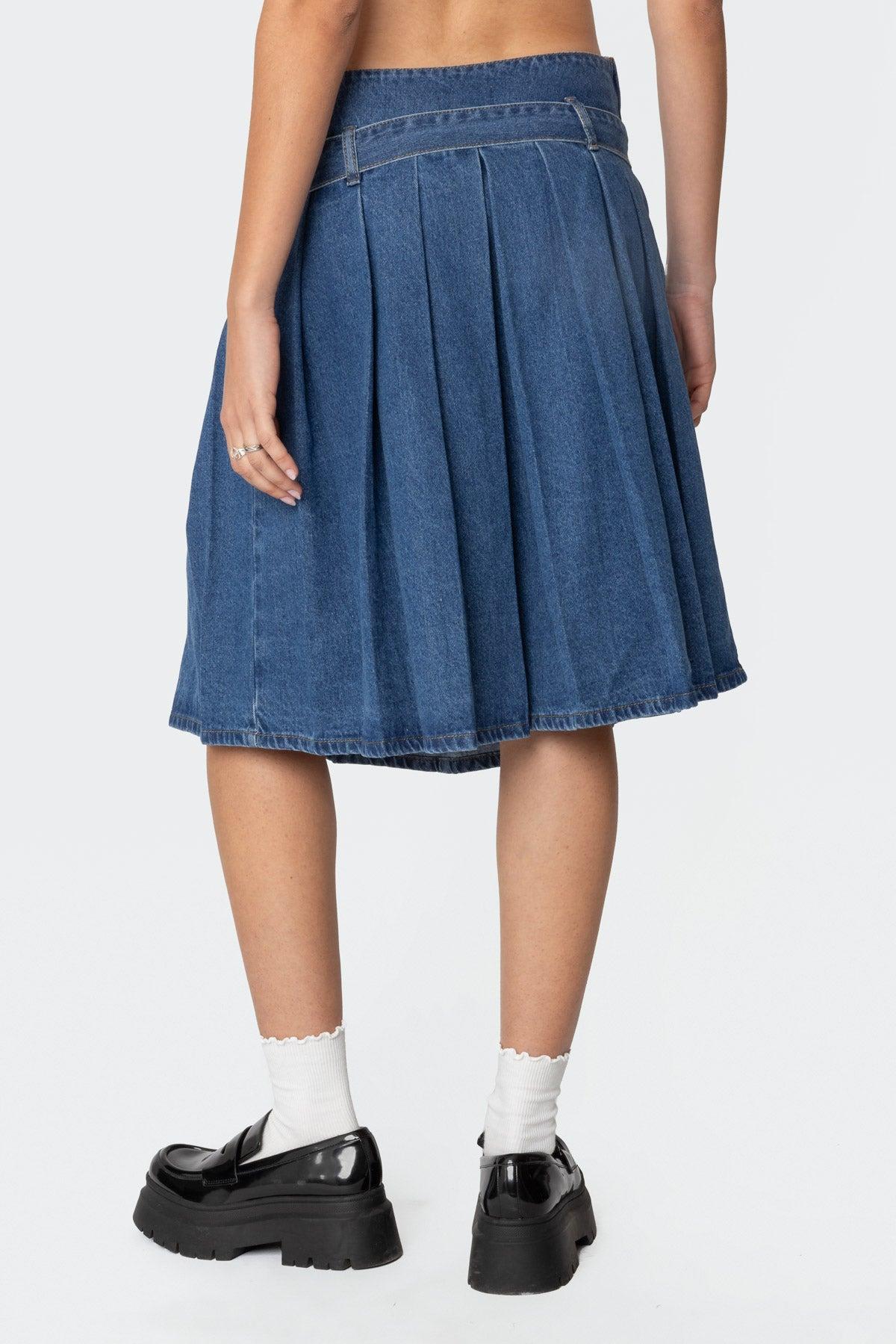 Belted Pleated Denim Midi Skirt Product Image