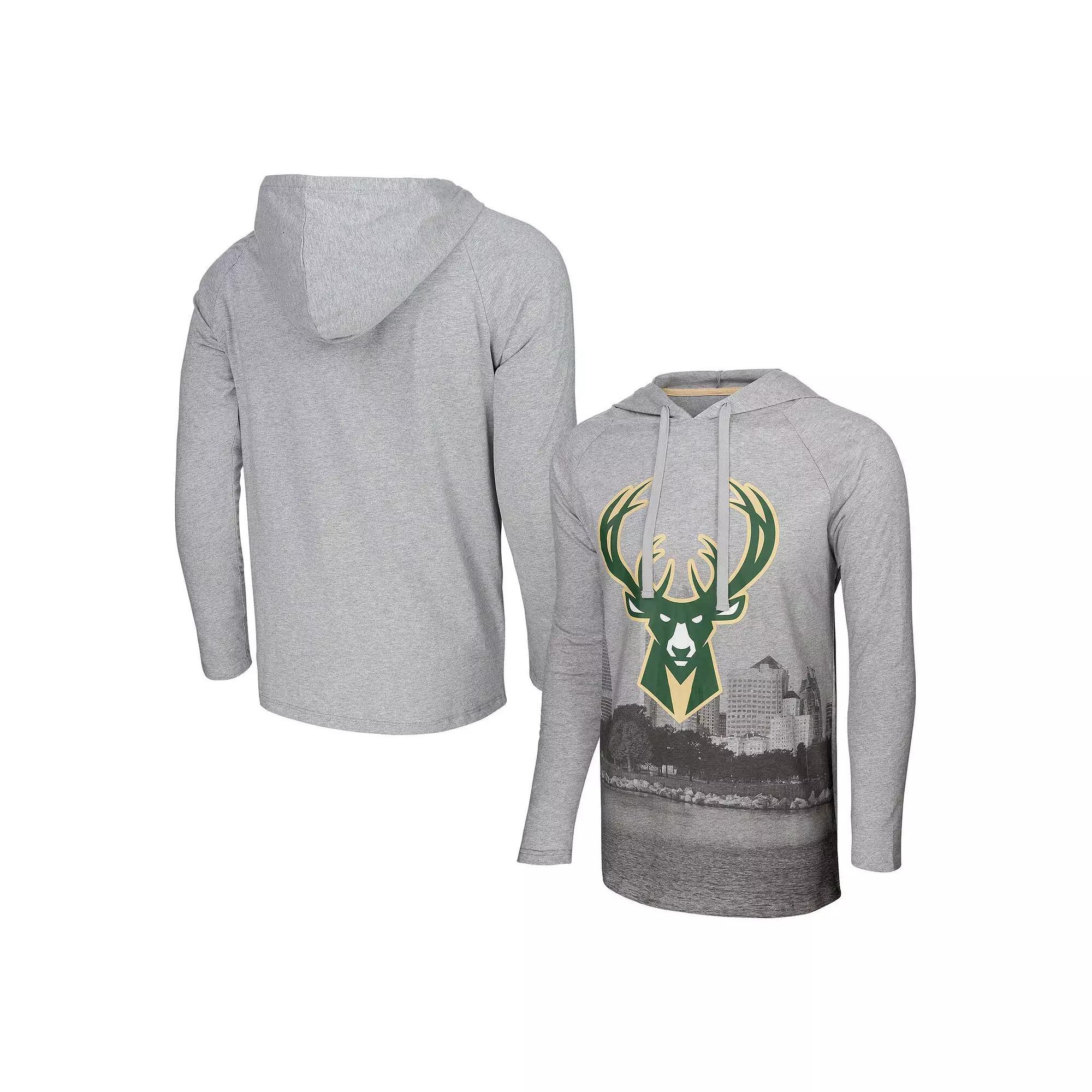 Men's Stadium Essentials Heather Gray Milwaukee Bucks Atrium Raglan Long Sleeve Hoodie T-Shirt, Size: Medium, Grey Product Image
