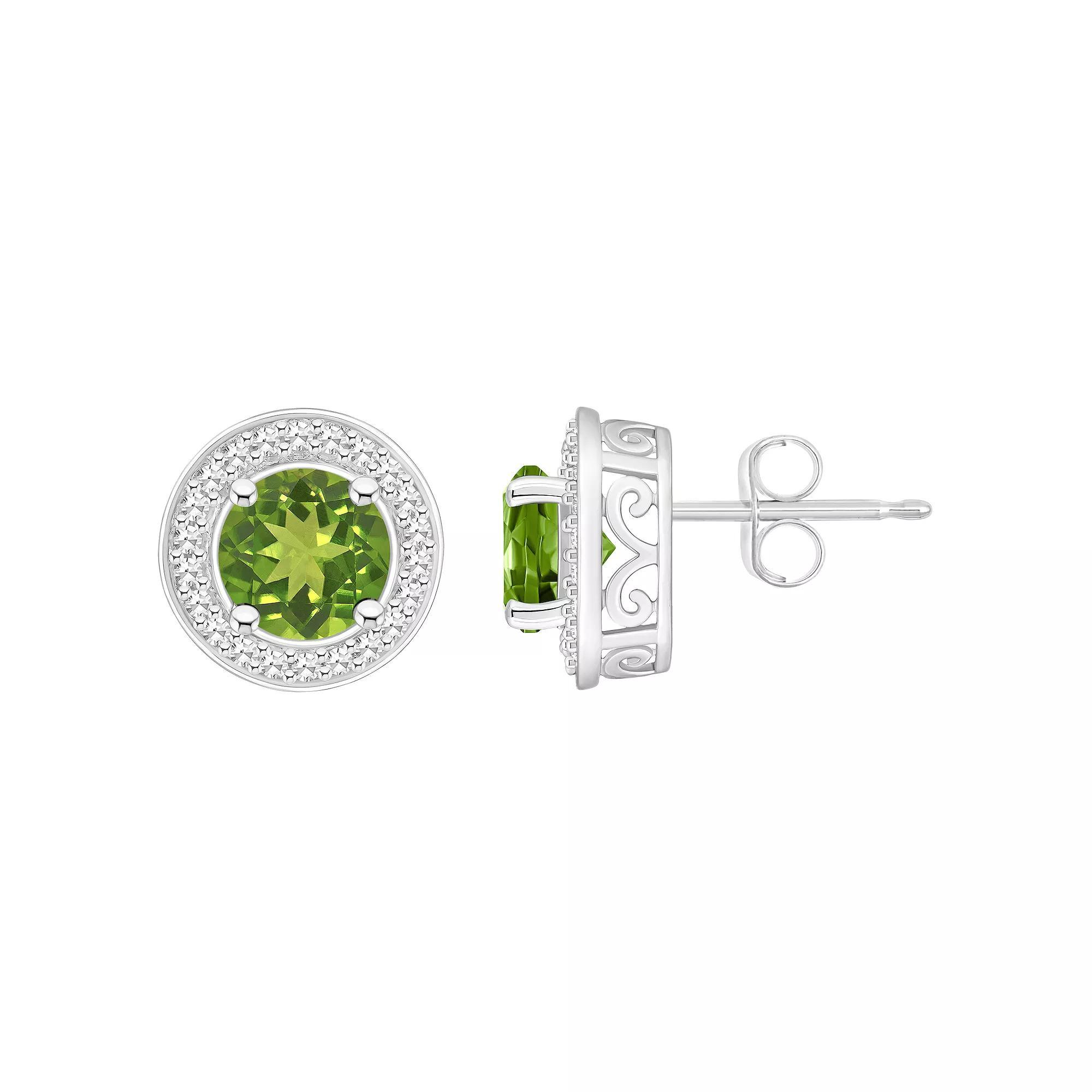 Celebration Gems Sterling Silver Round Gemstone & 1/5 Carat T.W. Diamond Halo Stud Earrings, Women's, Peridot Product Image