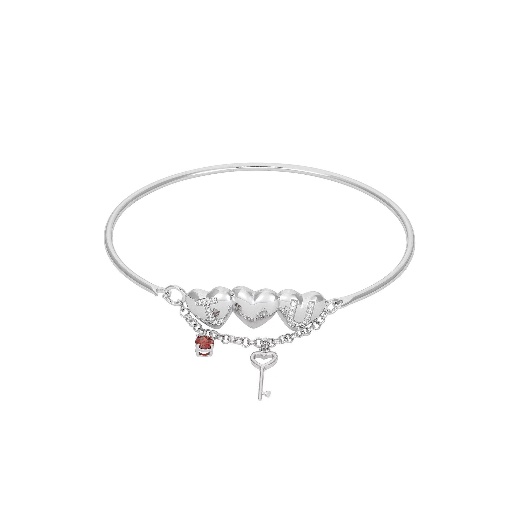 Cubic Zirconia Sterling Silver Heart & Key Charm Bangle Bracelet, Women's, Size: 7.5", Red Product Image