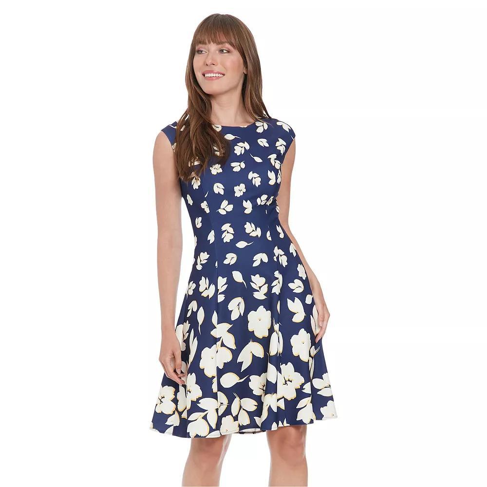 Women's London Times Cap Sleeve Fit & Flare Dress, Size: 16, Blue Floral Product Image