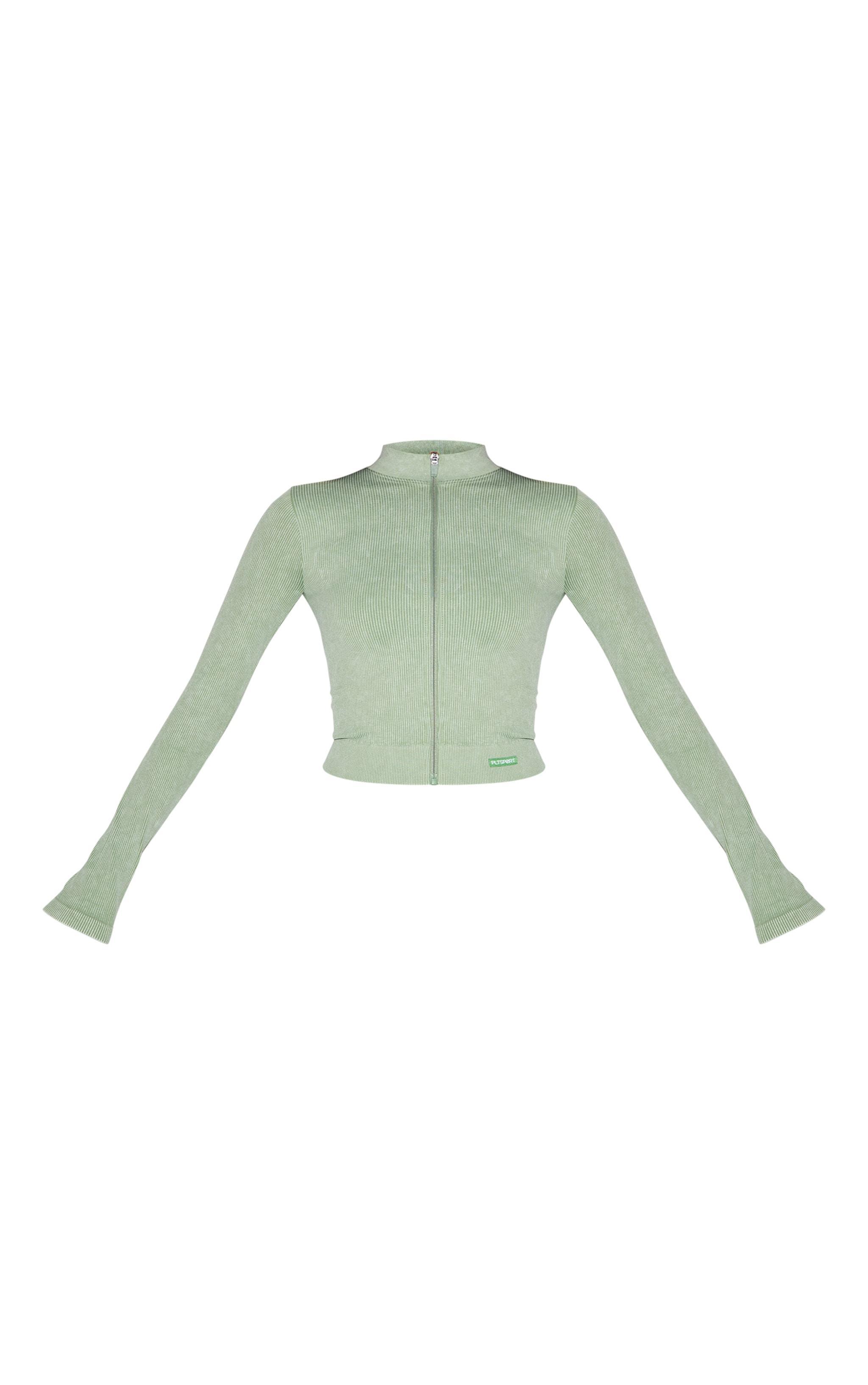 Khaki Acid Wash Seamless Rib Zip Up Cropped Sports Jacket Product Image