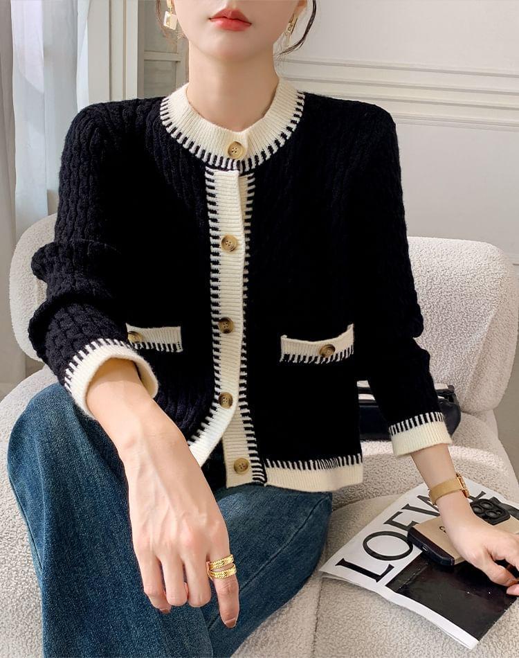 Crew Neck Contrast Trim Cable Knit Button-Up Cardigan Product Image