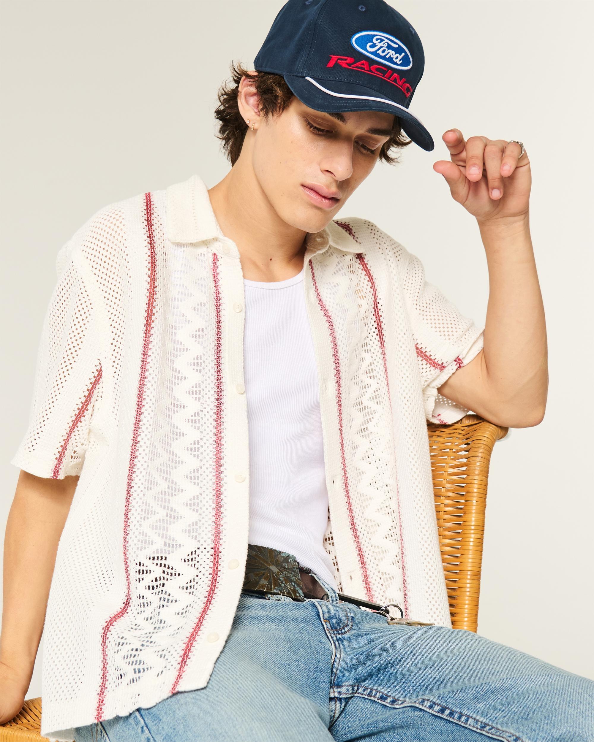 Boxy Short-Sleeve Crochet-Style Shirt Product Image