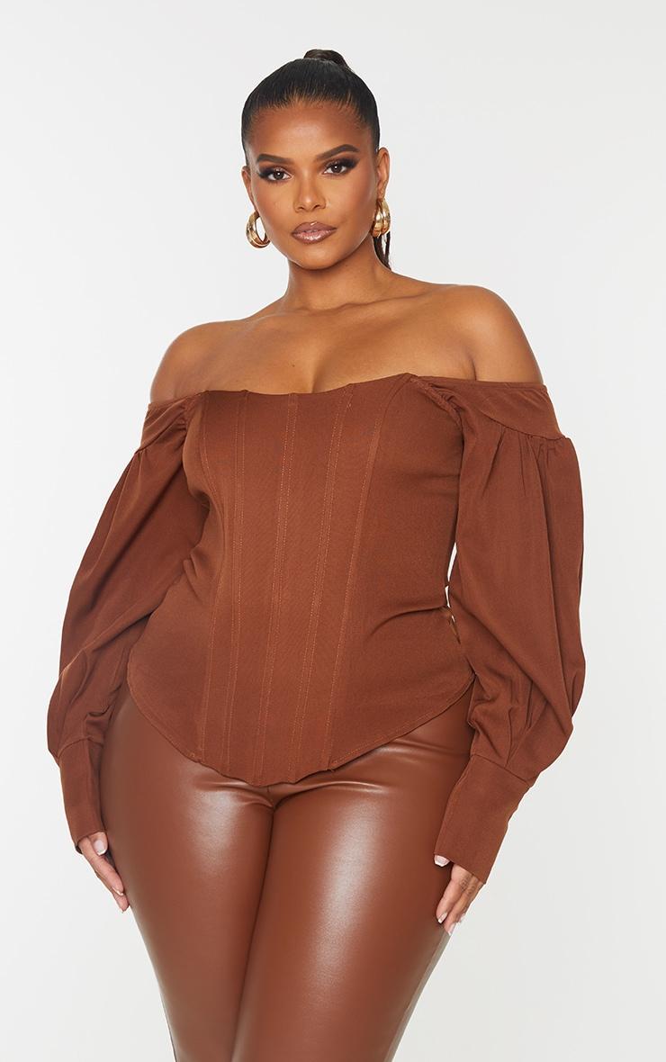 Plus Chocolate Bardot Balloon Sleeve Corset Top Product Image