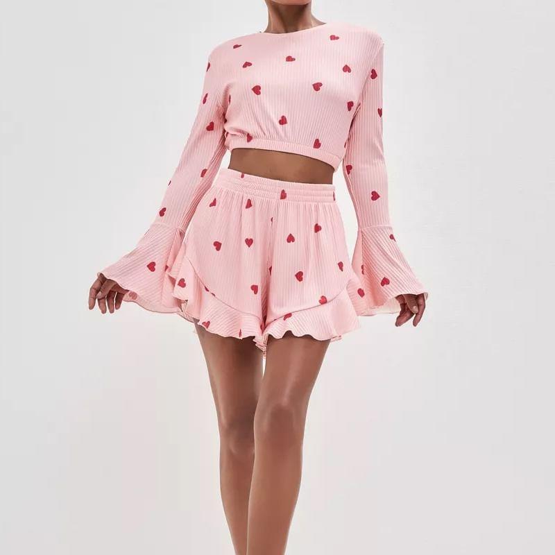 Pajama Set: Bell Sleeve Crew Neck Heart Print Crop Top + Elastic Waist Ruffle Shorts Product Image