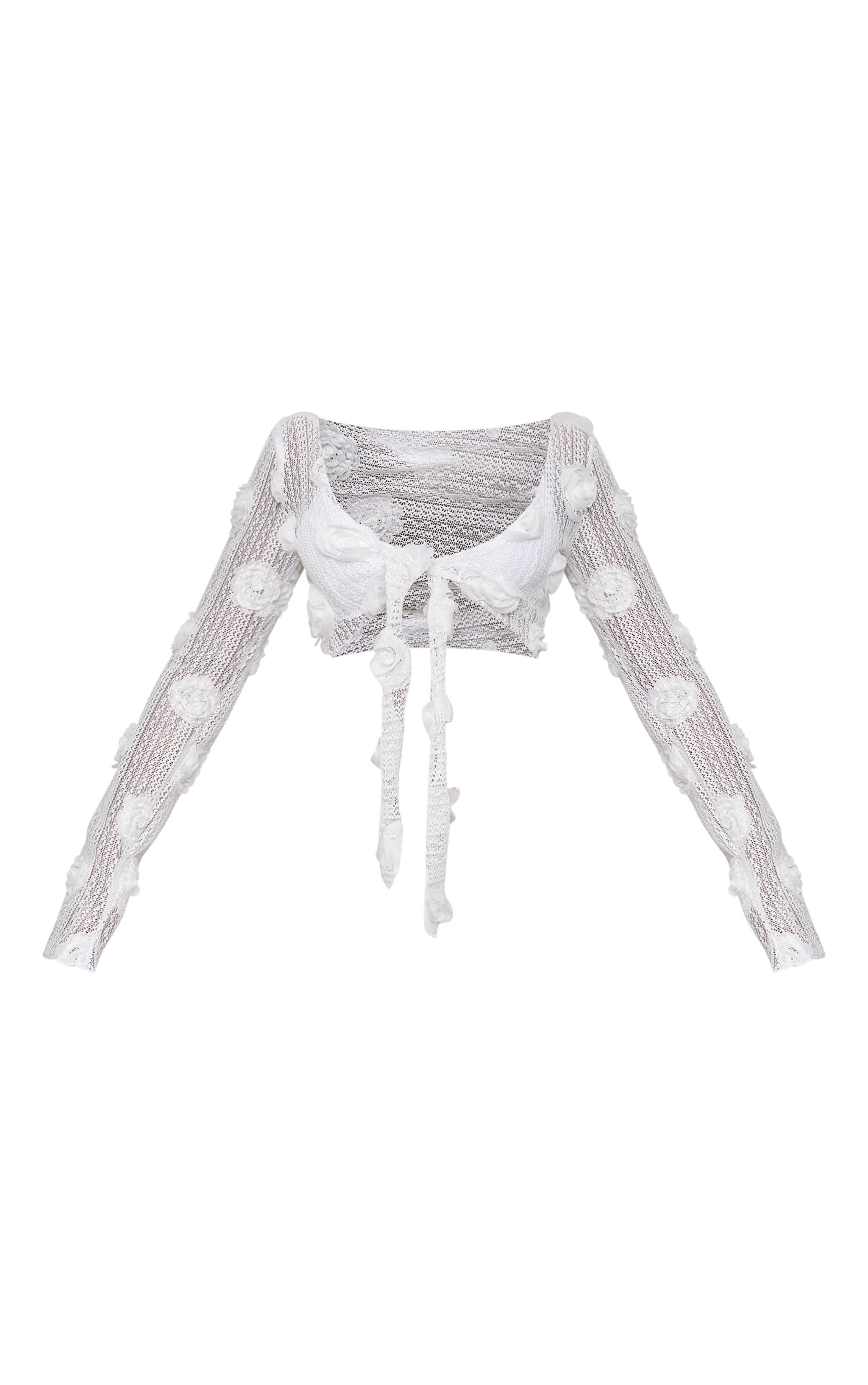 White Textured Flower Trim Tie Front Beach Top Product Image