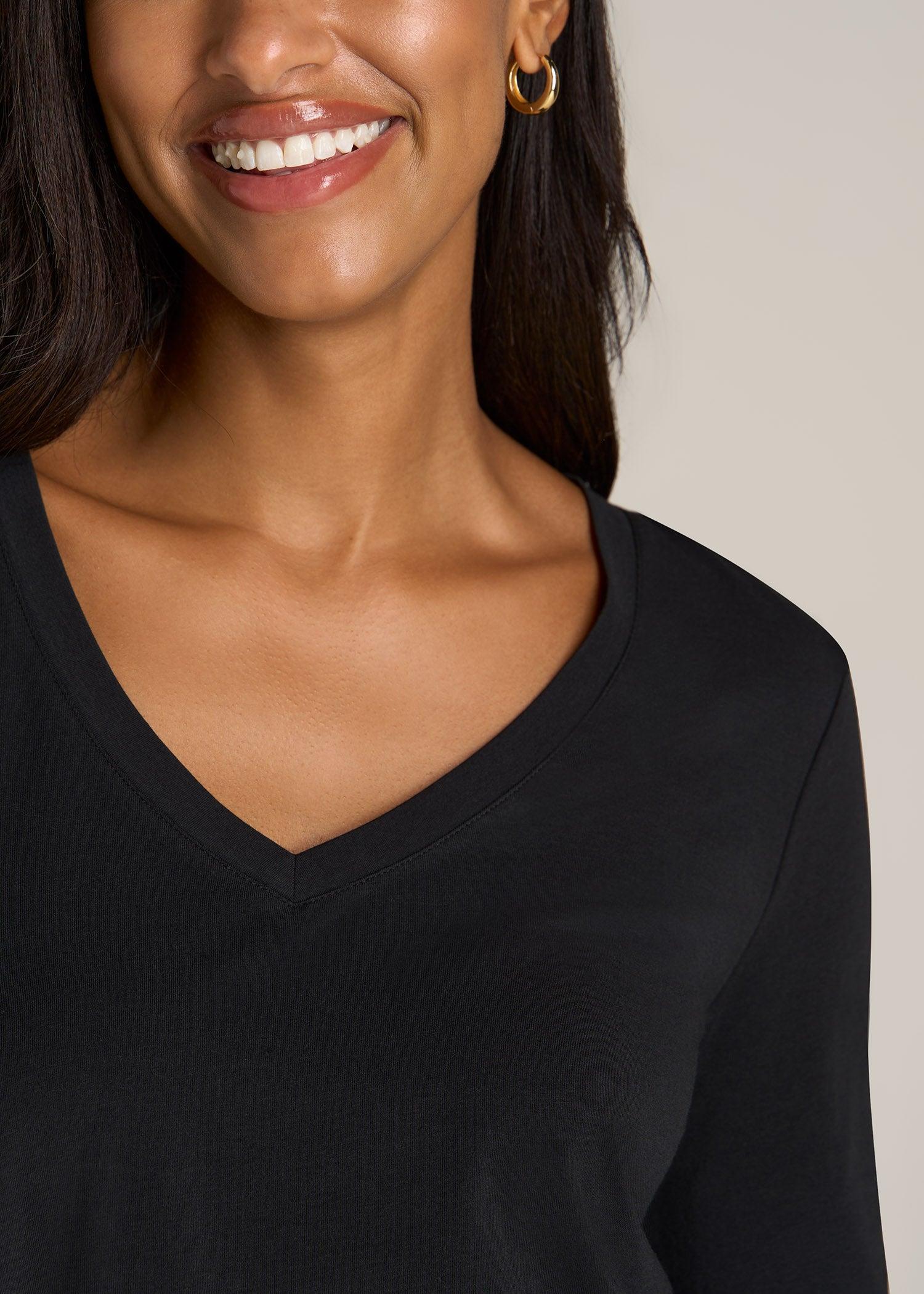 Long Sleeve Scoop V-Neck Tee Shirt for Tall Women in Black Product Image