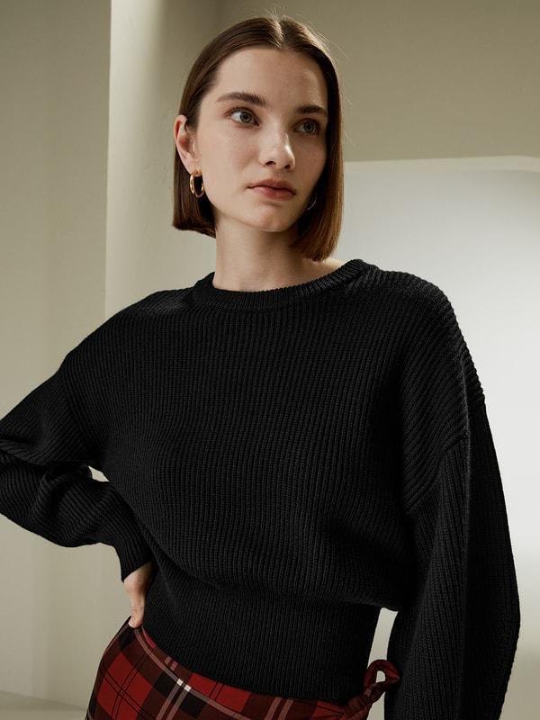 Round Neck Drop-Shoulder Merino Wool Sweater Product Image