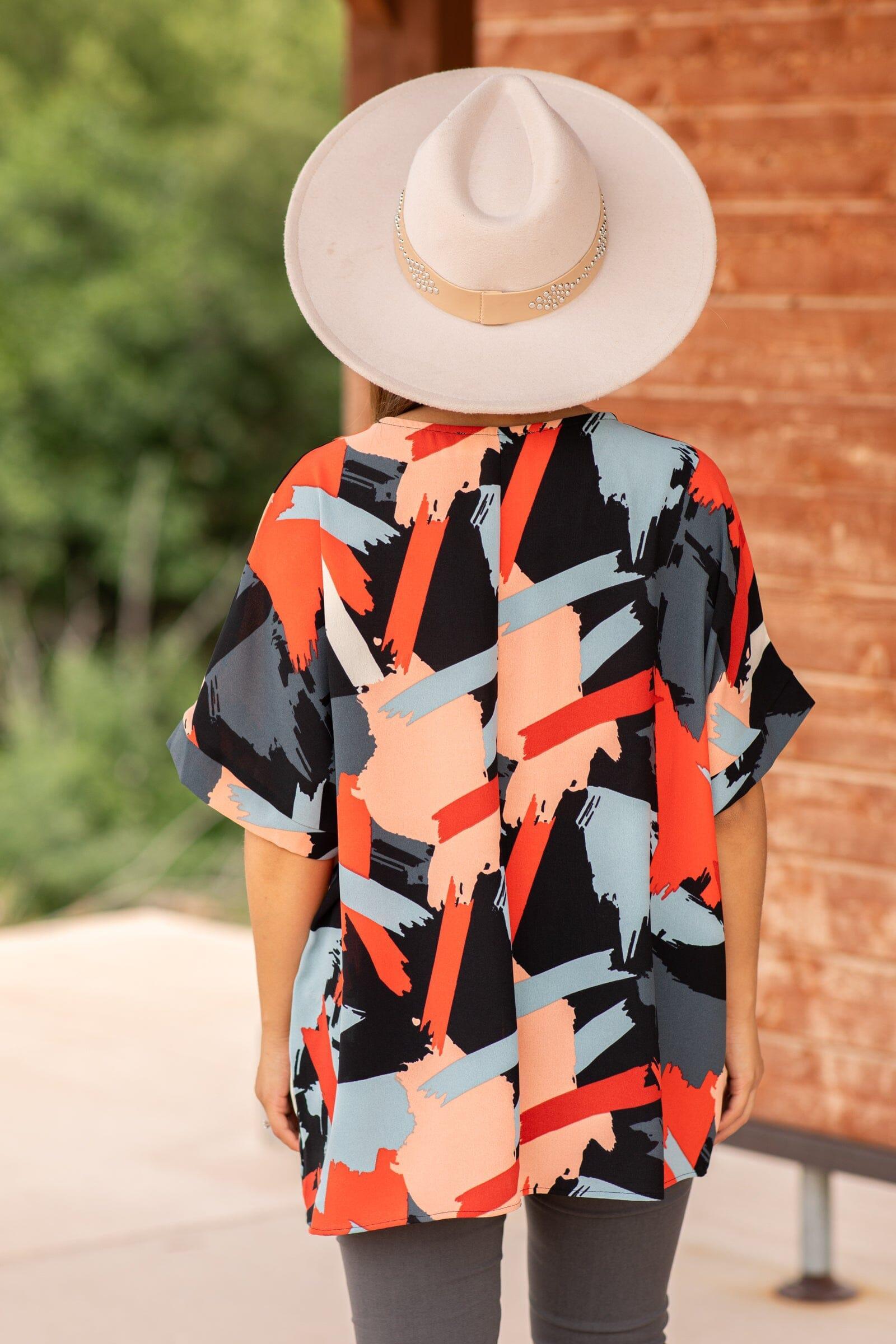 Orange and Peach Abstract Print V-Neck Top Product Image