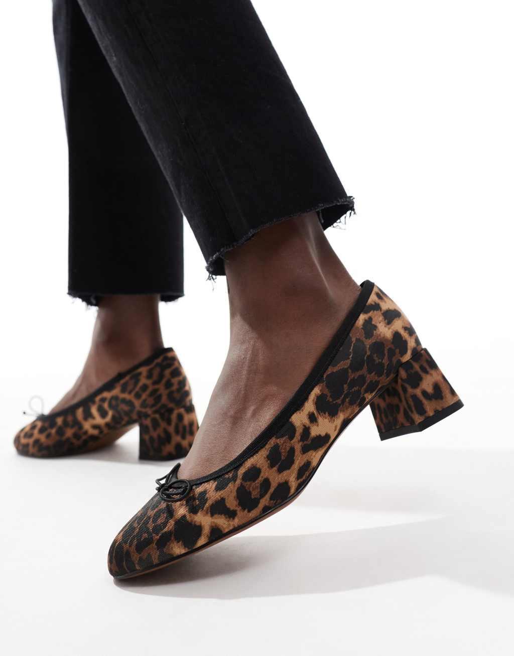 ASOS DESIGN Wide Fit Shelley bow detail mid block heeled shoes in leopard Product Image