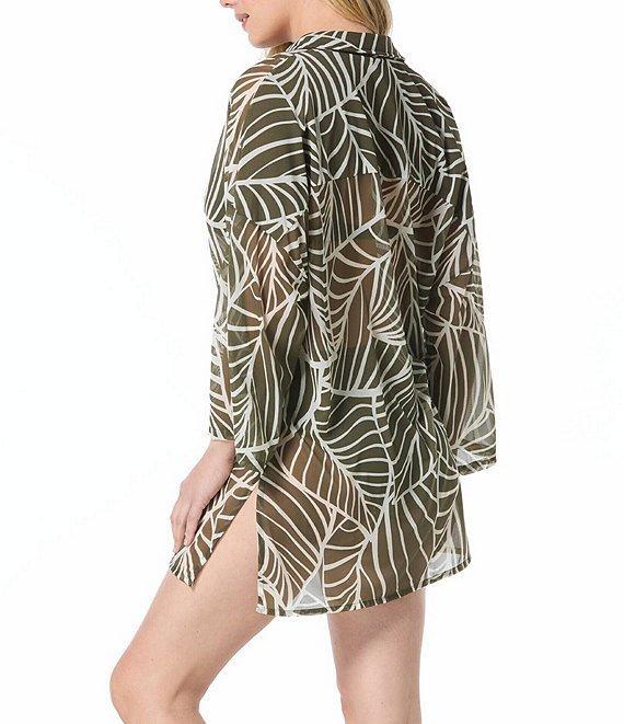 Coco Reef Palm Leaf Mesh Point Collar Button Front Shirt Swim Cover-Up Product Image