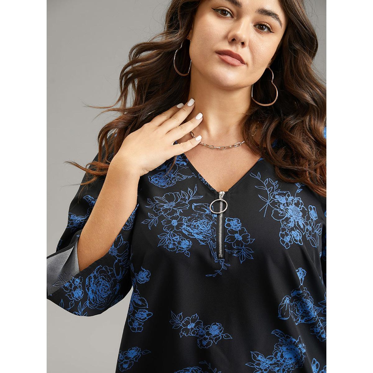 Plus Size Black Silhouette Floral Print Half Zip Split Sleeve Blouse Women Elegant Elbow-length sleeve V-neck Office Blouses BloomChic 14-16/1X Product Image