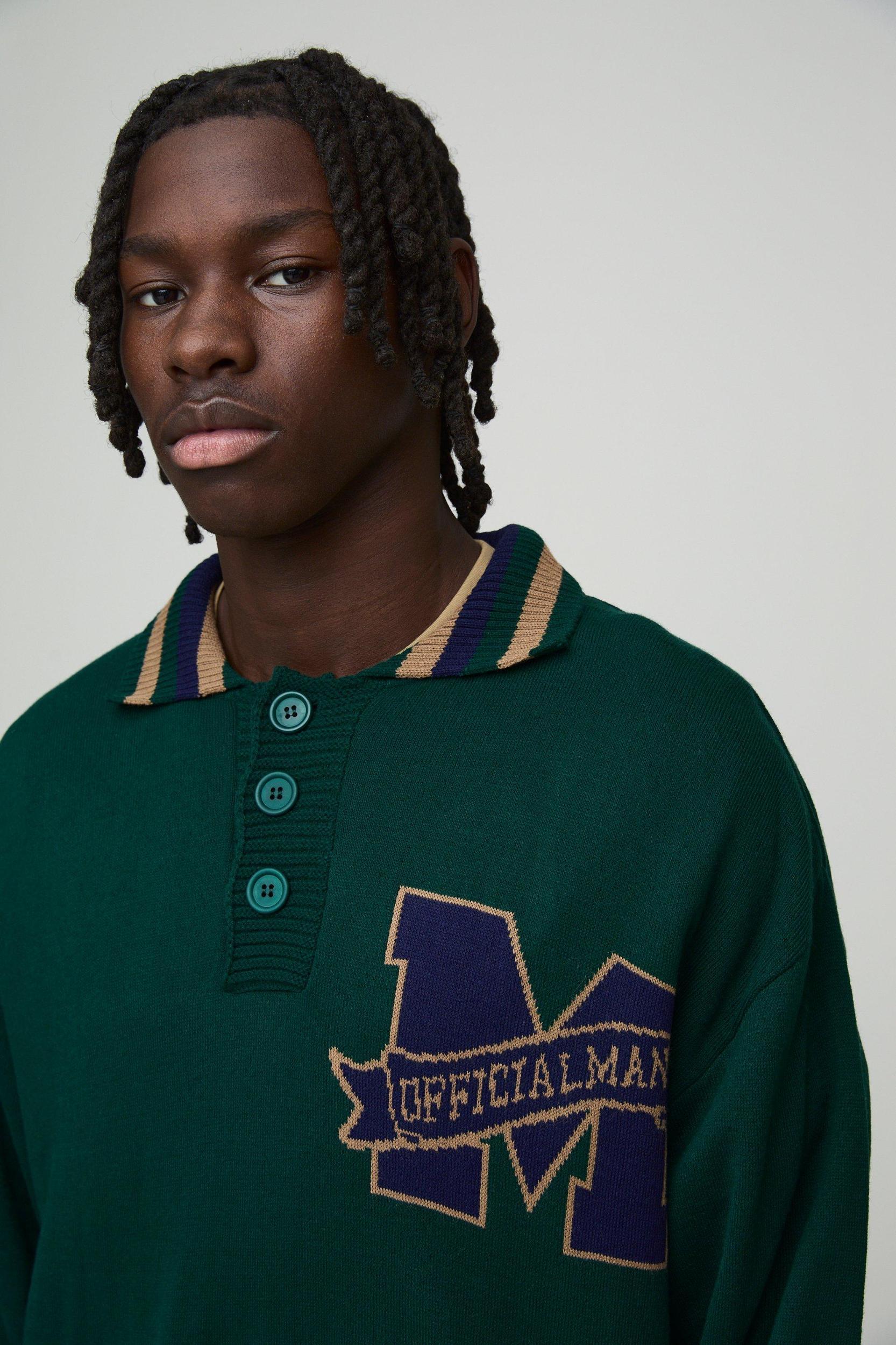 Oversized Boxy Knitted Applique Polo Shirt | boohooMAN USA Product Image