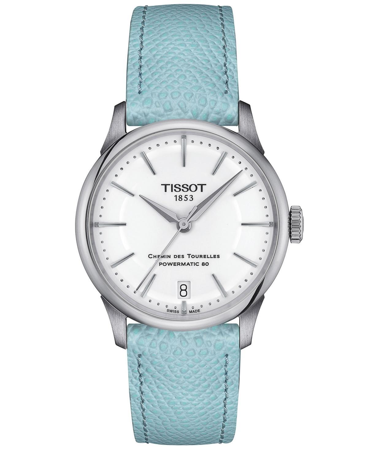 Tissot Womens Chemin Des Tourelles Powermatic 80 Automatic Light Blue Leather Strap Watch Product Image