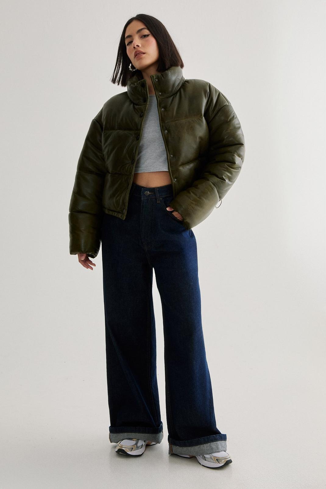 Real Leather Distressed Puffer Coat Product Image