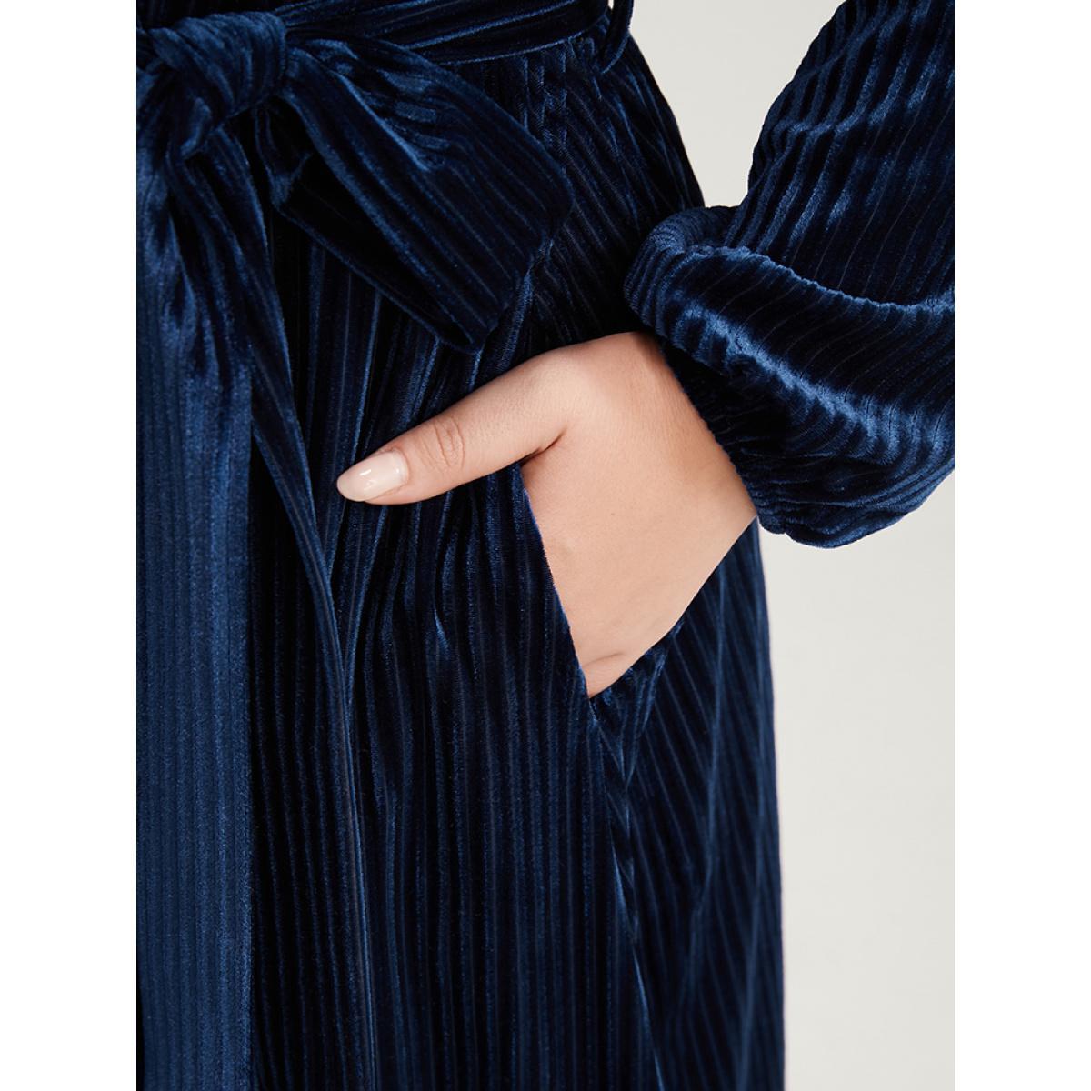 Plus Size Striped Velvet Pocket Lantern Sleeve Belted Wrap Dress DarkBlue Women Glamour Pocket V-neck Long Sleeve Curvy Midi Dress BloomChic 22-24/3X Product Image