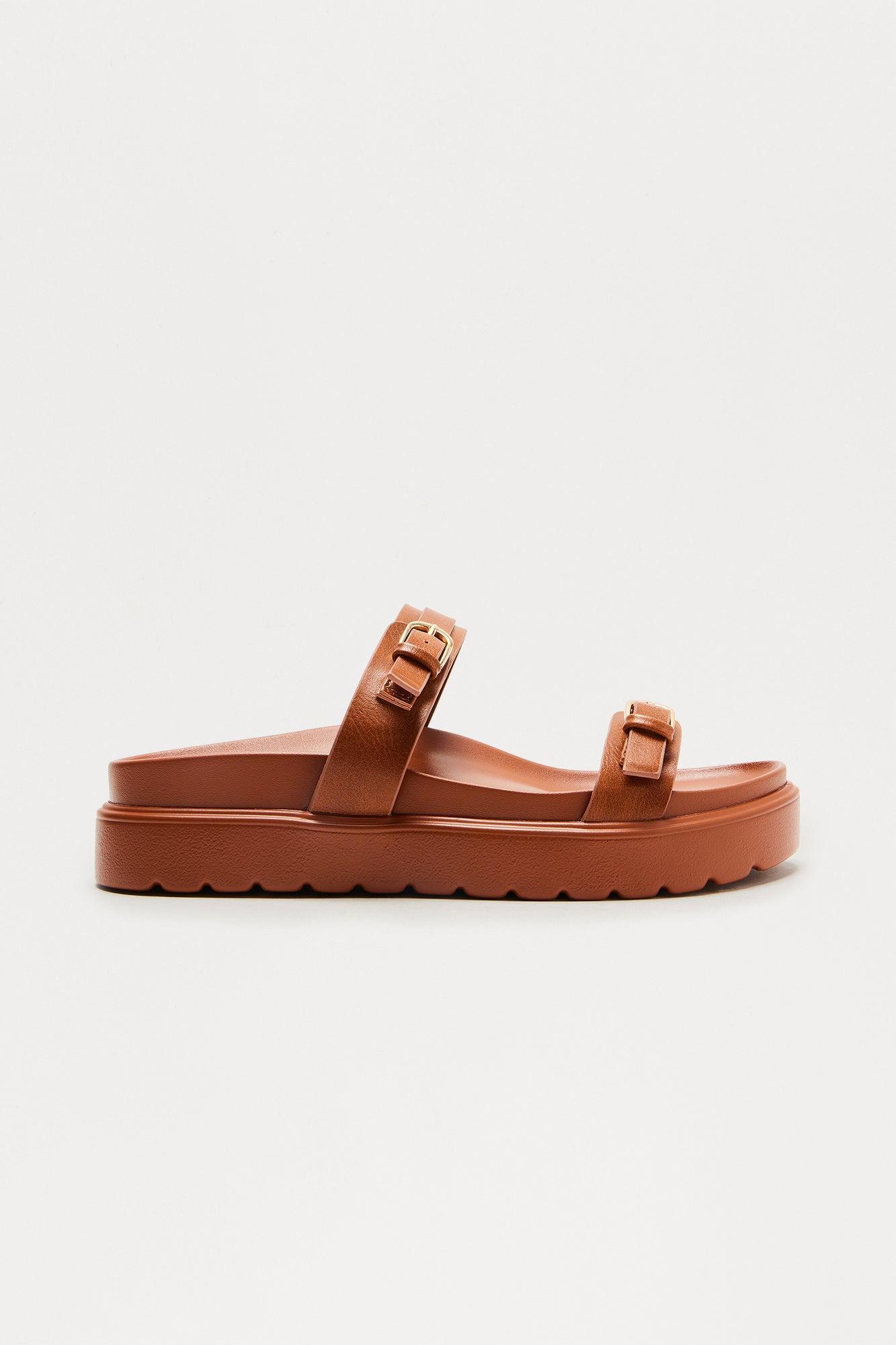 Penthia Buckle Faux Leather Flatform Sandals - Tan Product Image