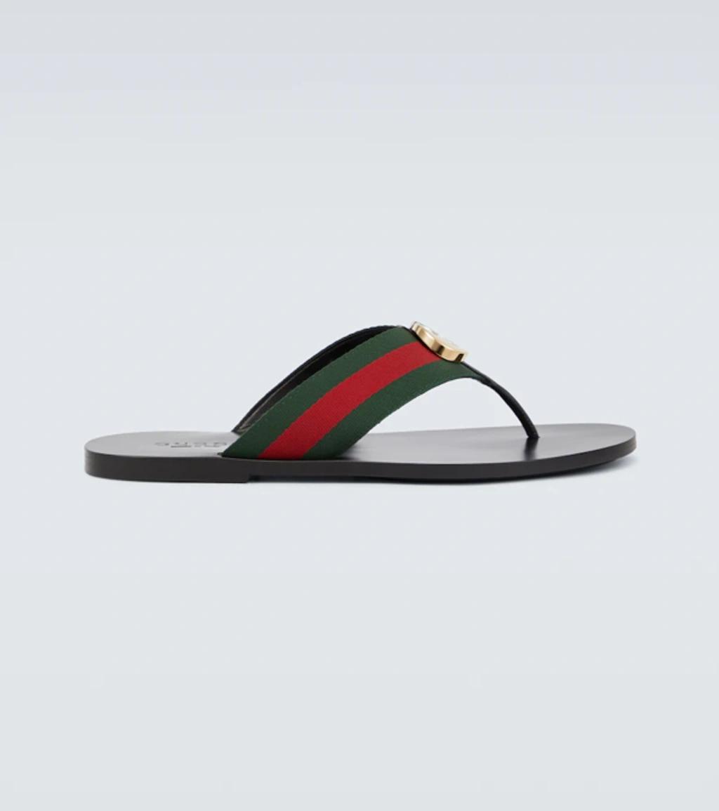 GUCCI Logo-embellished Striped Webbing And Leather Flip Flops In Green Red Black Product Image