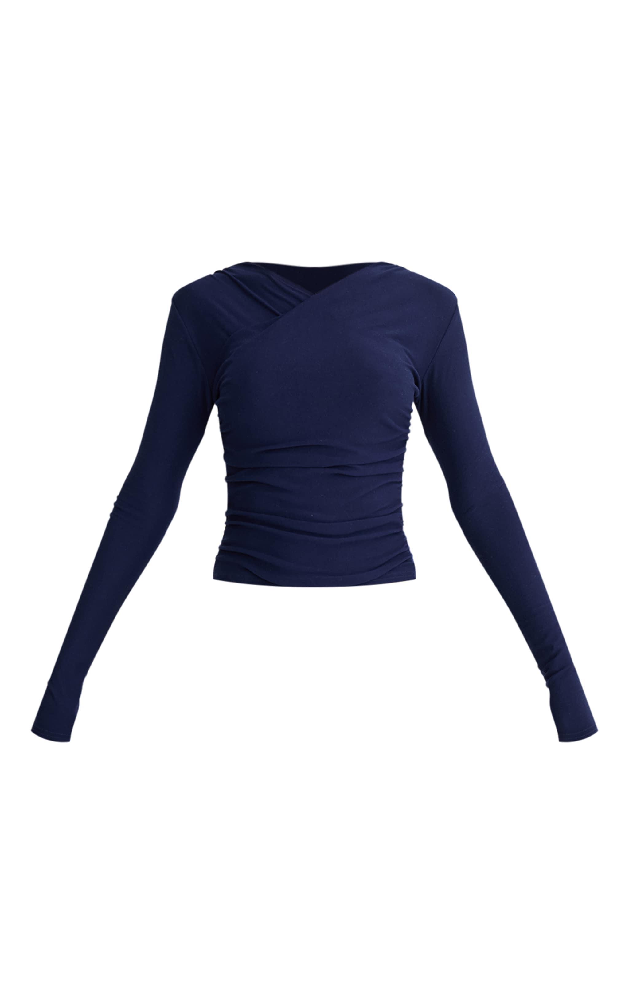 Navy Soft Touch Ruched Long Sleeve Longline Top Product Image