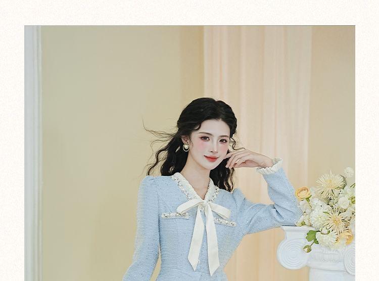 Mock Two-Piece Long-Sleeve Ribbon Neck Midi A-Line Dress Product Image