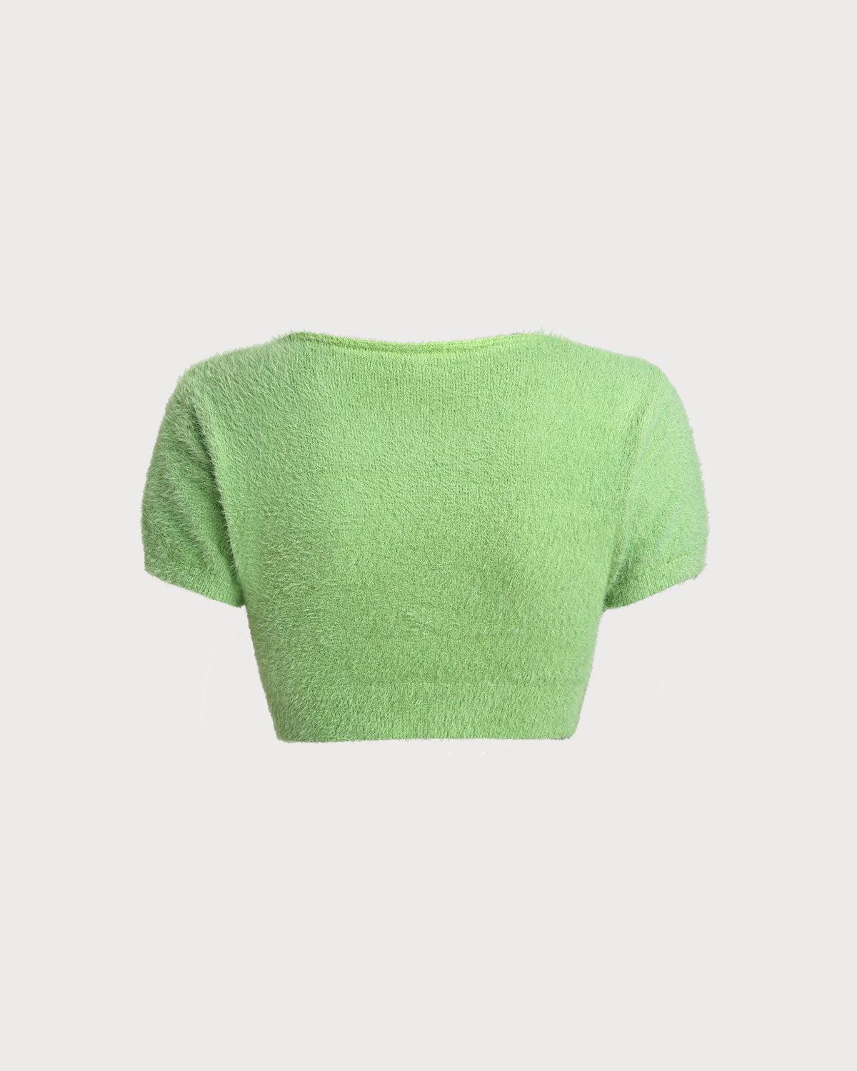 Green Square Neck Cropped Knit Tee Product Image