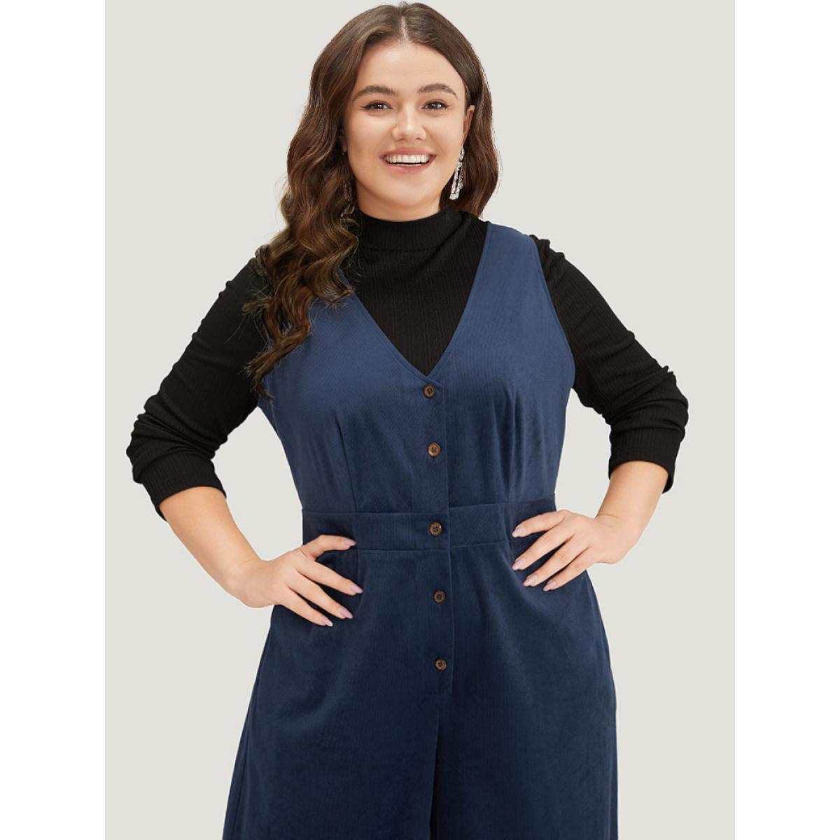 Plus Size DarkBlue Solid Button Through Pocket Tank Jumpsuit Women Elegant Sleeveless V-neck Dailywear Loose Jumpsuits BloomChic 14-16/1X Product Image