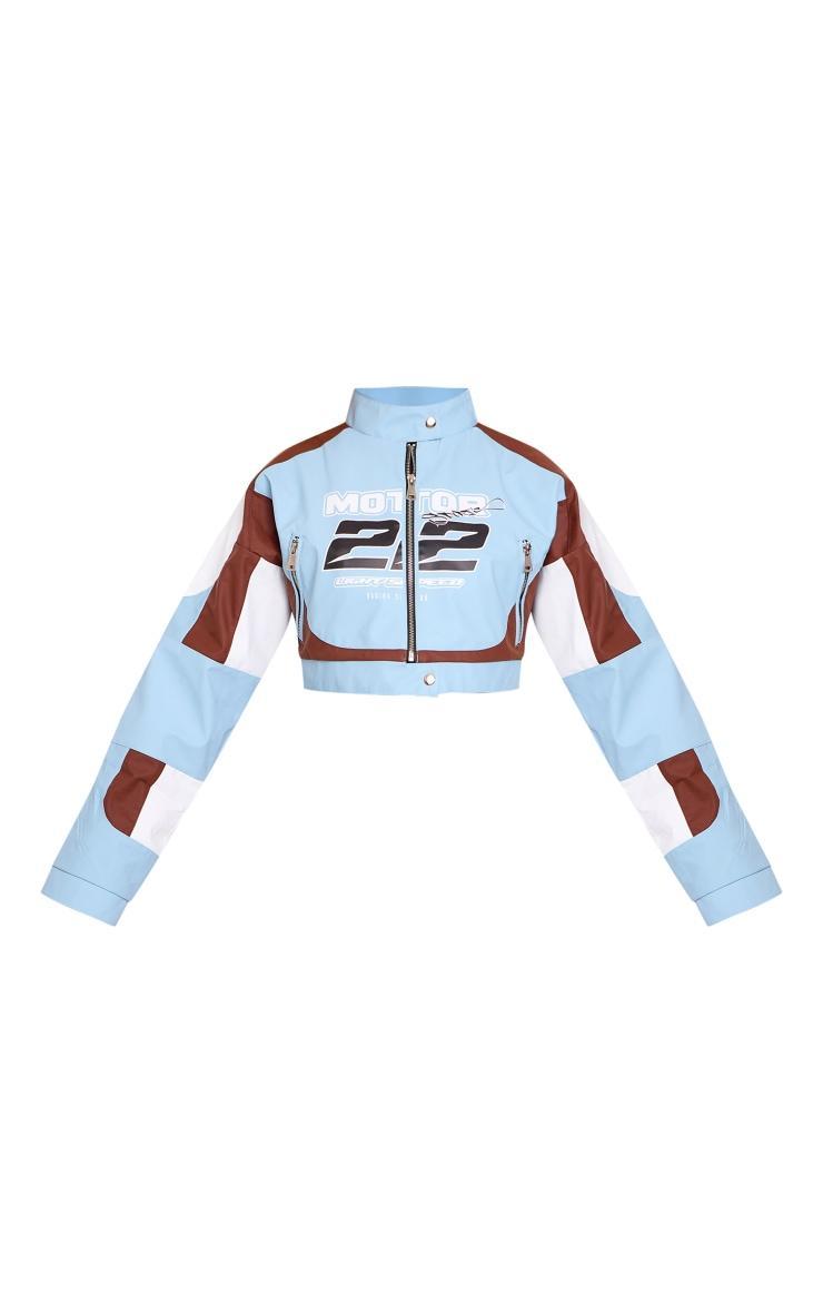 Light Blue Faux Leather Graphic Front Cropped Biker Jacket Product Image