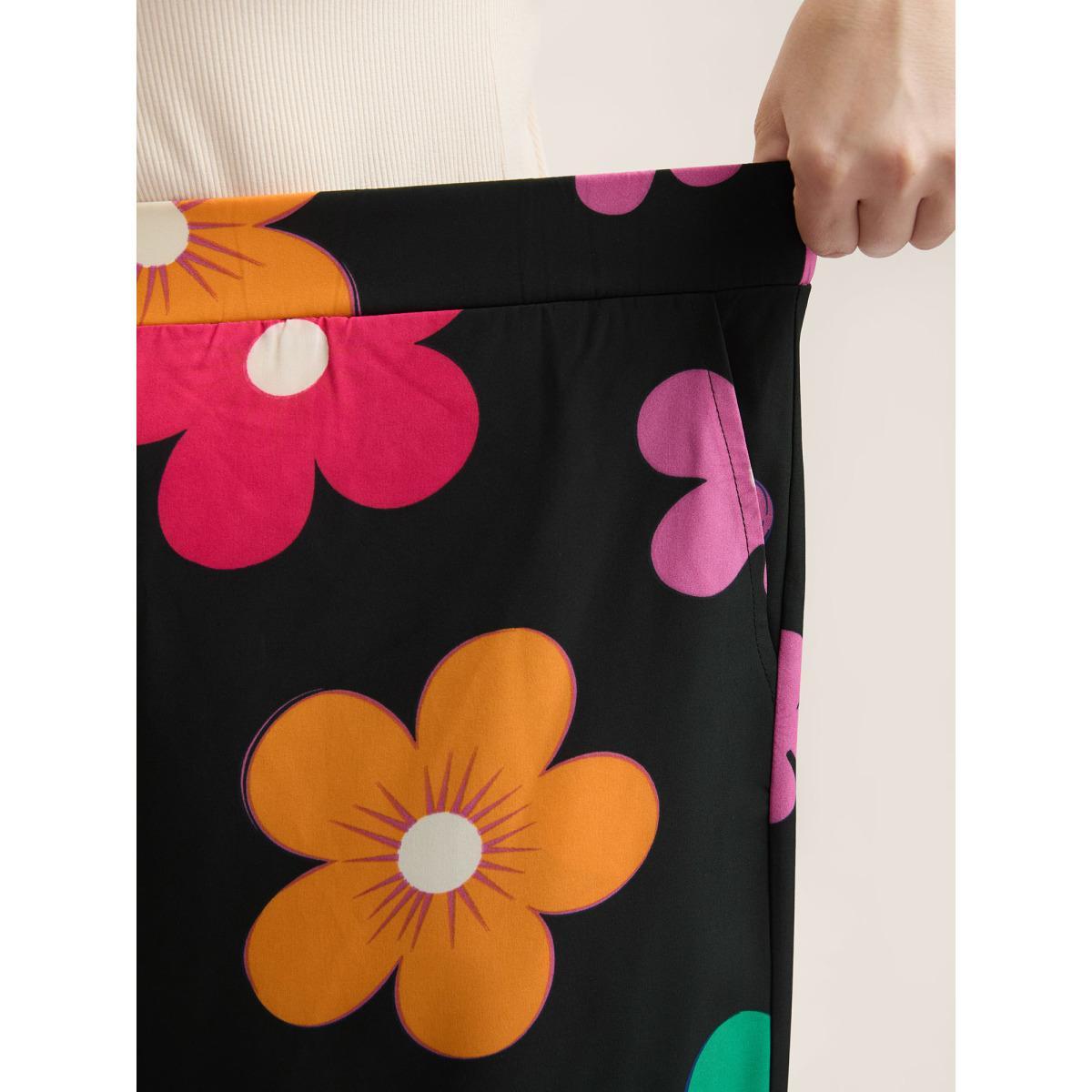 Plus Size Colorful Large Floral Print Wide-Leg Pants Women BlackFlower Playful Wide Leg Mid Rise Casual Pants BloomChic 10/M Product Image