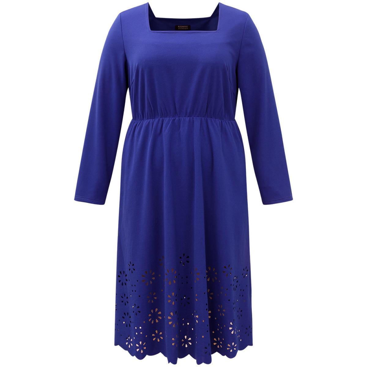 Plus Size Plain Laser Cut Gathered Square Neck Dress DarkBlue Women Elegant Plain Square Neck Long Sleeve Curvy Midi Dress BloomChic 22-24/3X Product Image