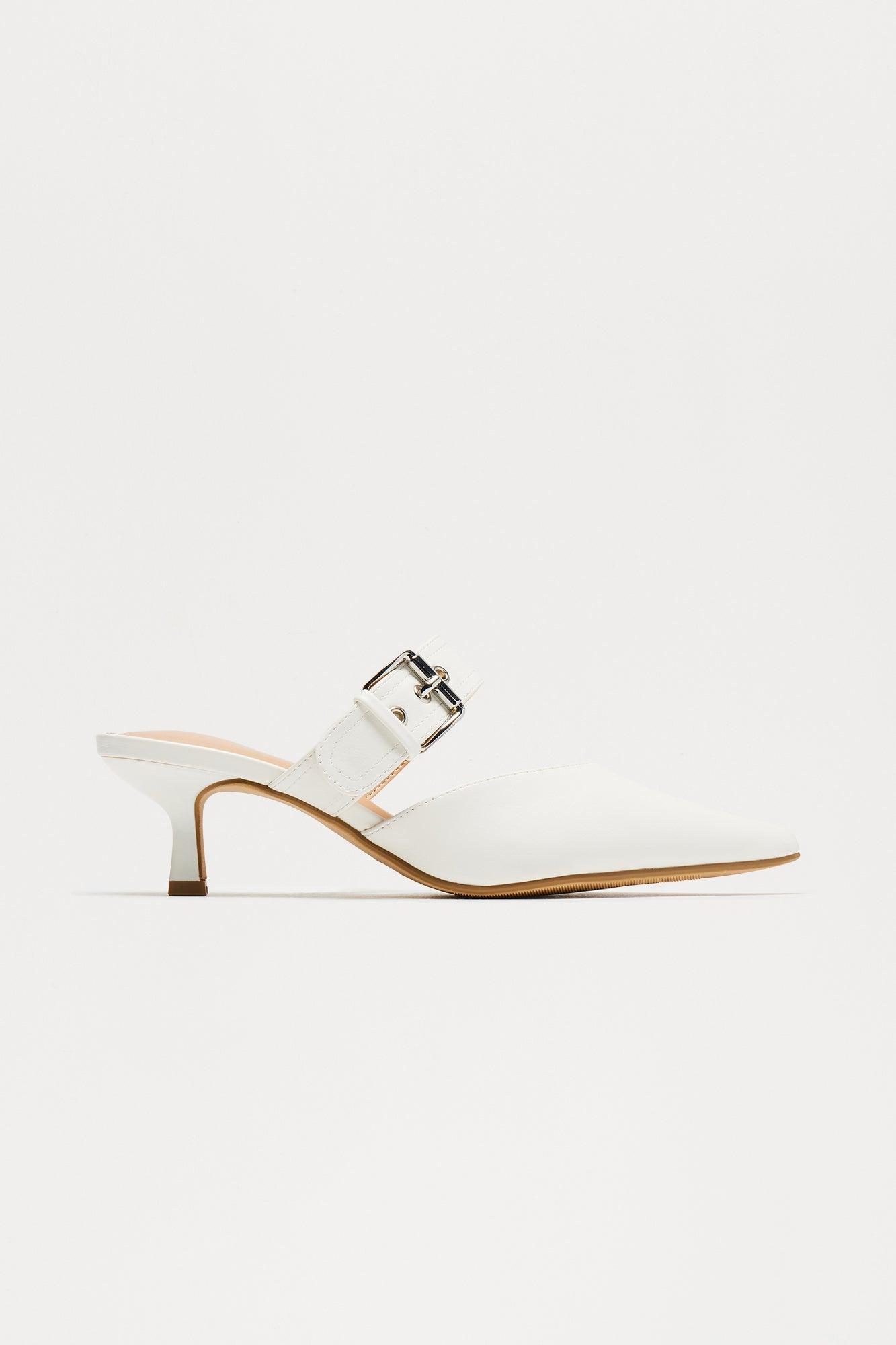 Delyn Buckle Kitten Heel Pumps - White Product Image